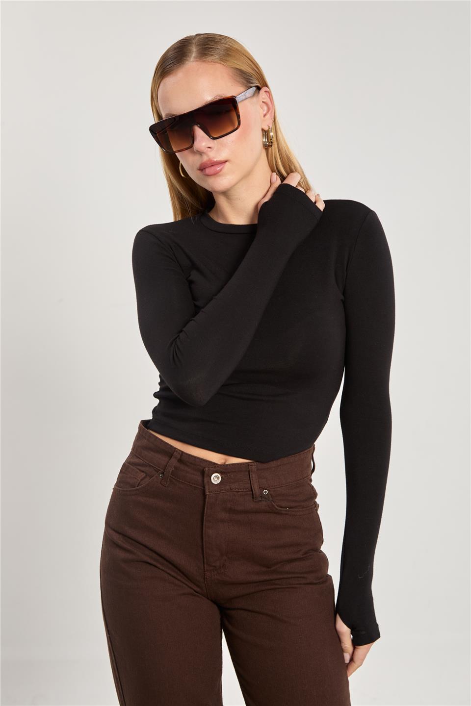 Kadın Bisiklet Yaka Parmak Geçmeli Uzun Kol Body - Siyah