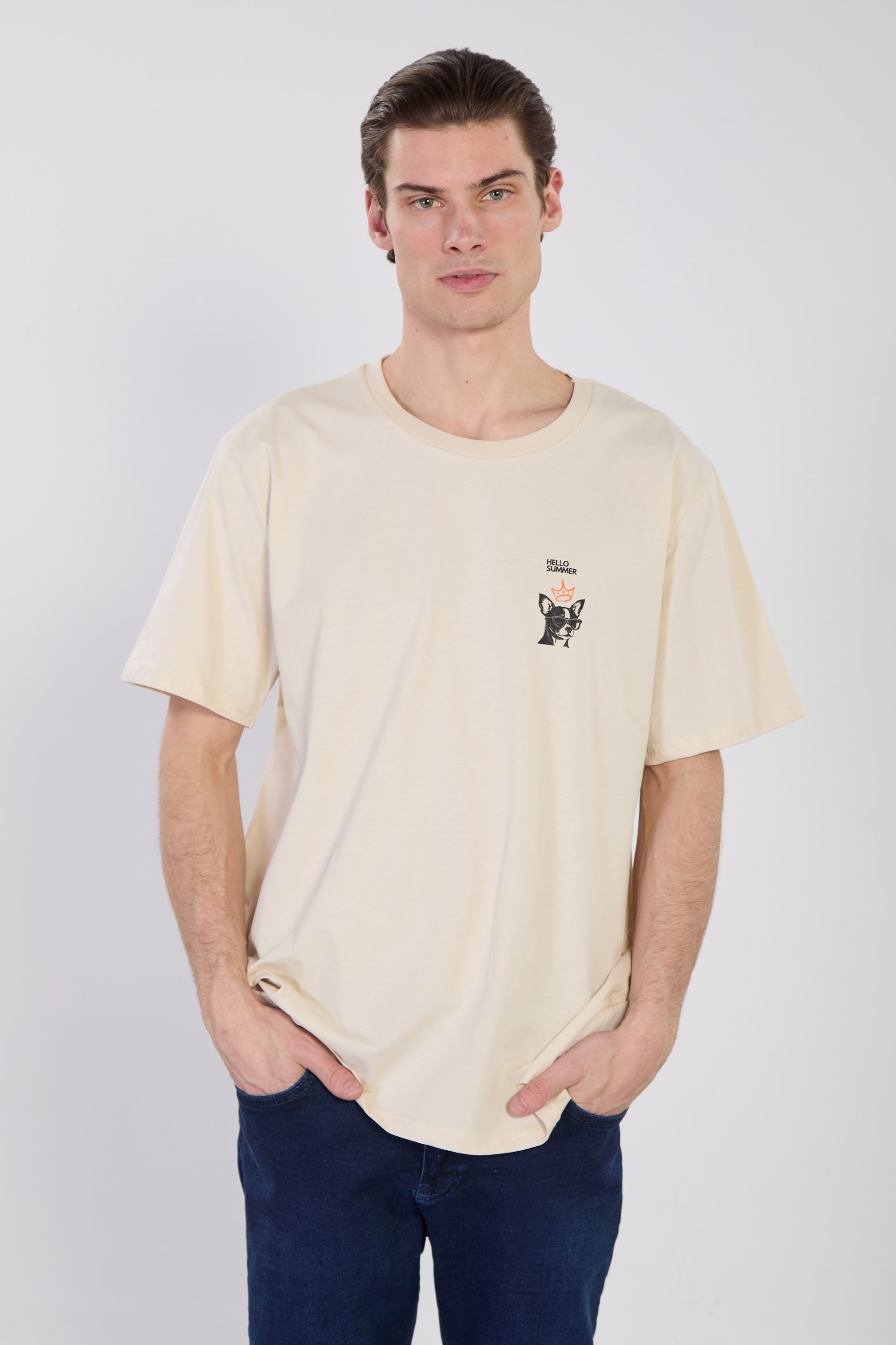 Erkek Hello Summer Köpek Baskılı T-Shirt - Tereyağ Sarı