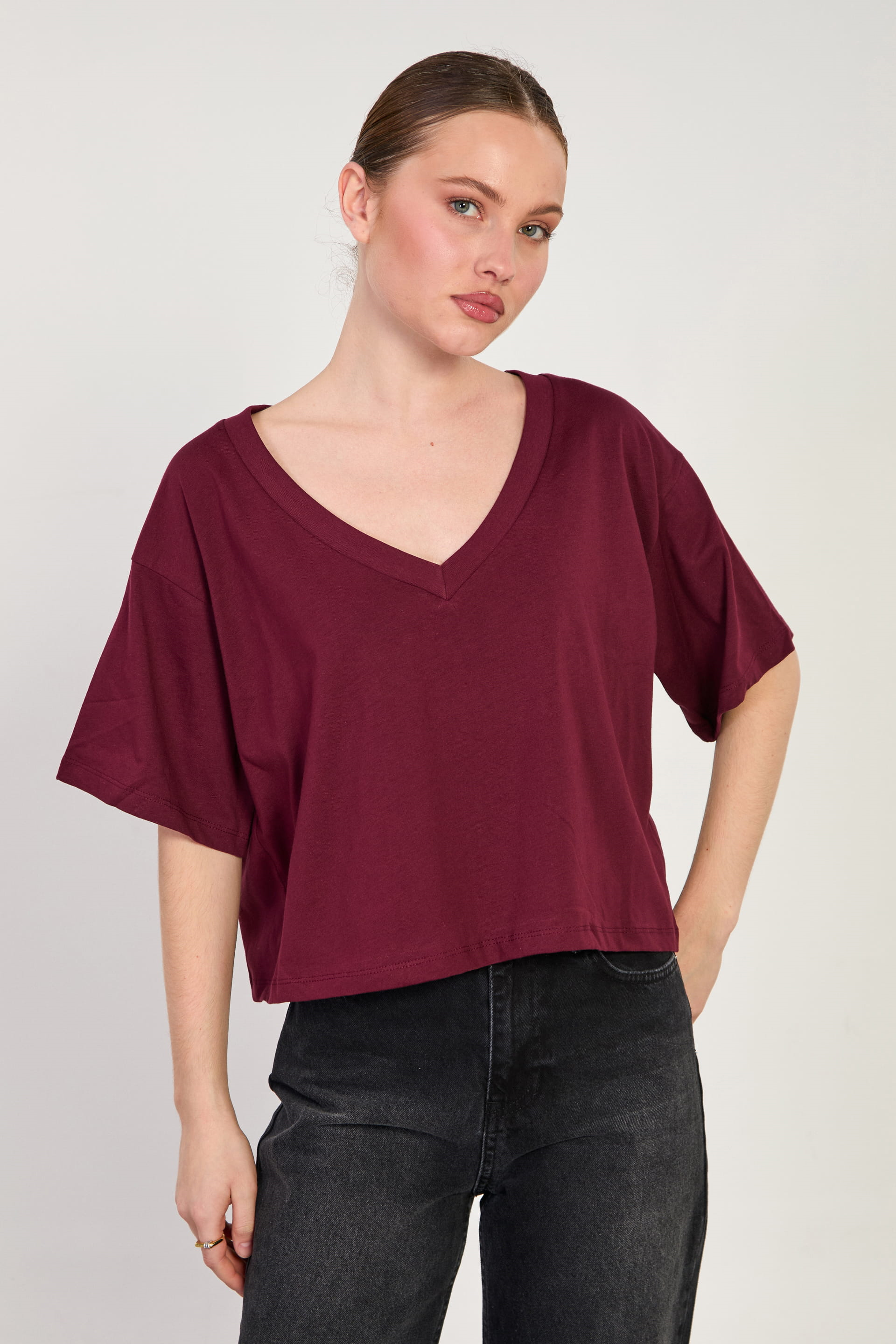 Kadın V Yaka Kısa Oversize T-Shirt - Mürdüm