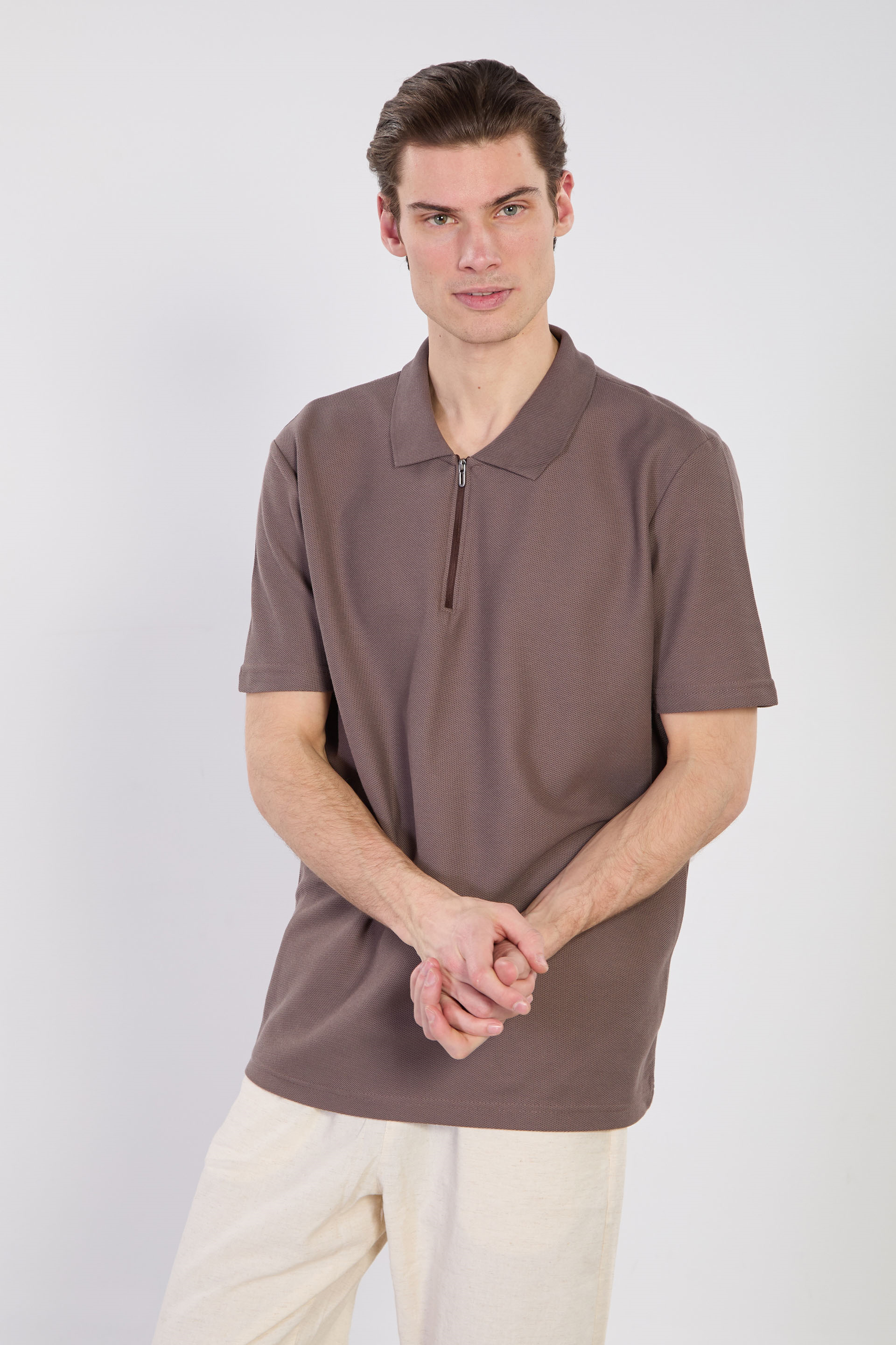 Erkek Fermuarlı Polo Yaka T-Shirt - Açık Kahve 