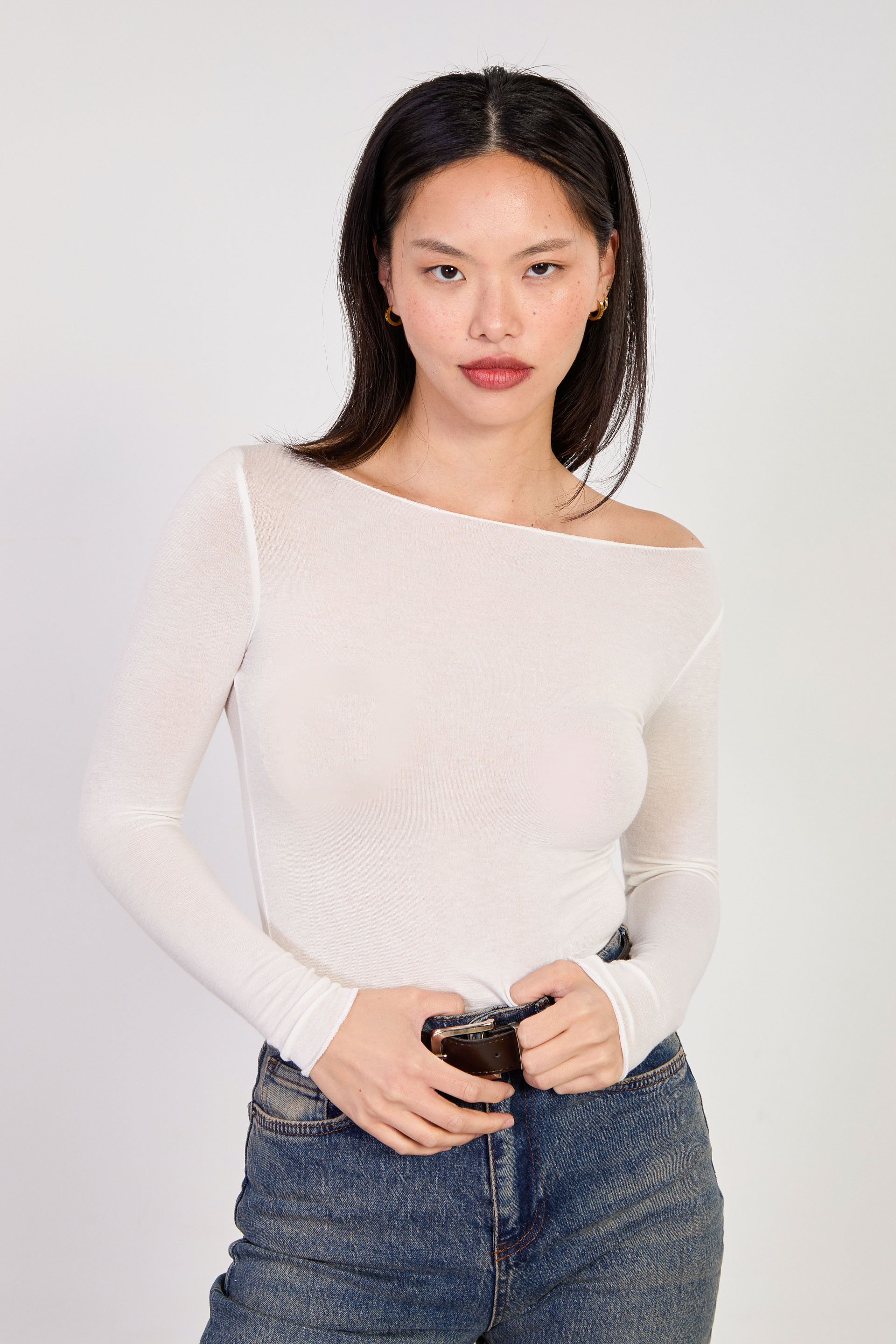 Kadın Kayık Uzun Kol Transparan Body - Ekru