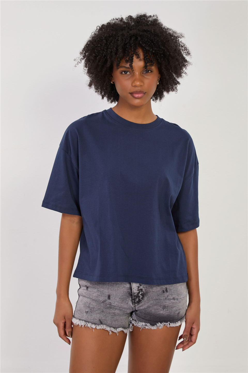 Kadın Bisiklet Yaka Oversize T-Shirt - Lacivert