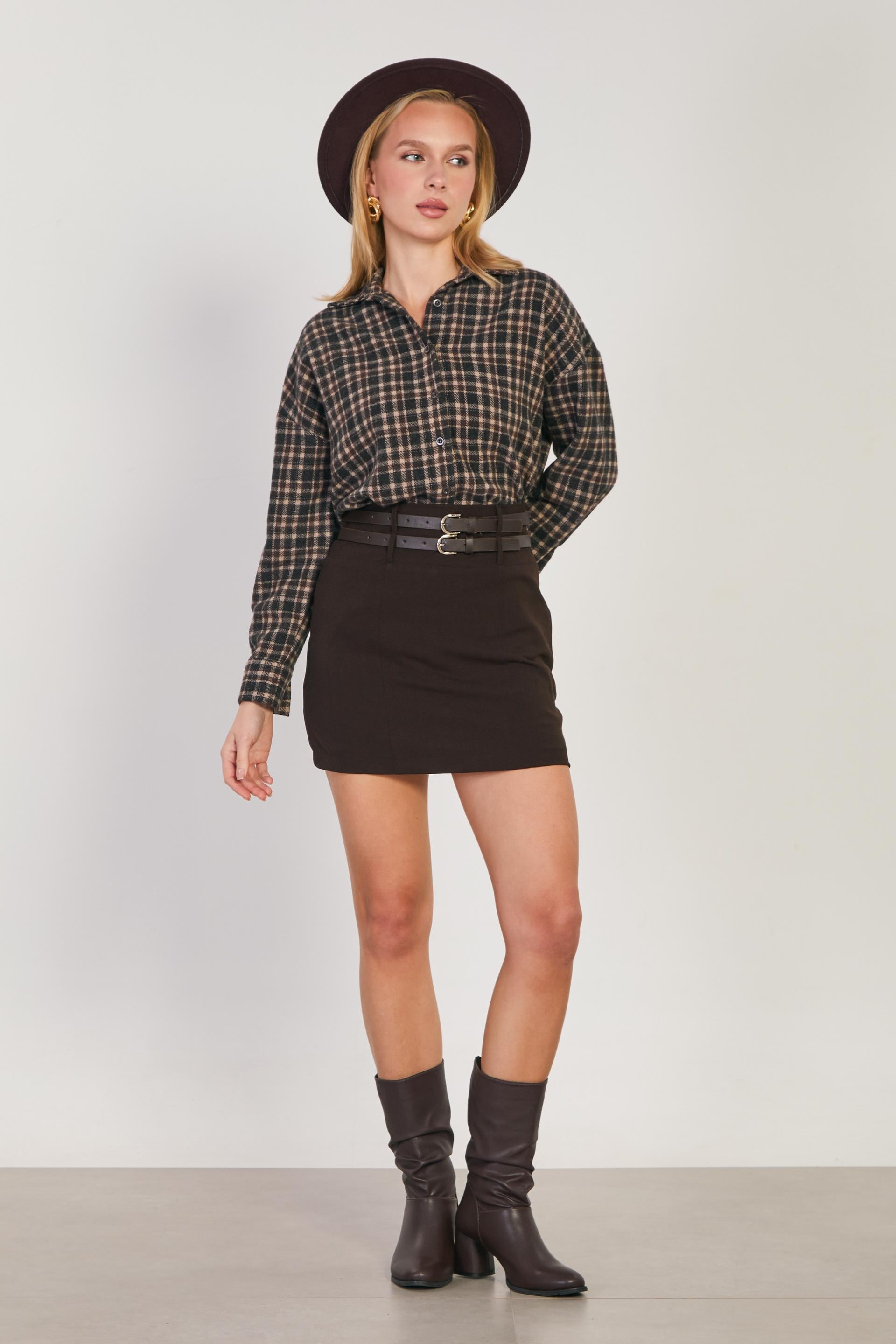 Kadın Çift Kemerli Mini Etek - Kahve