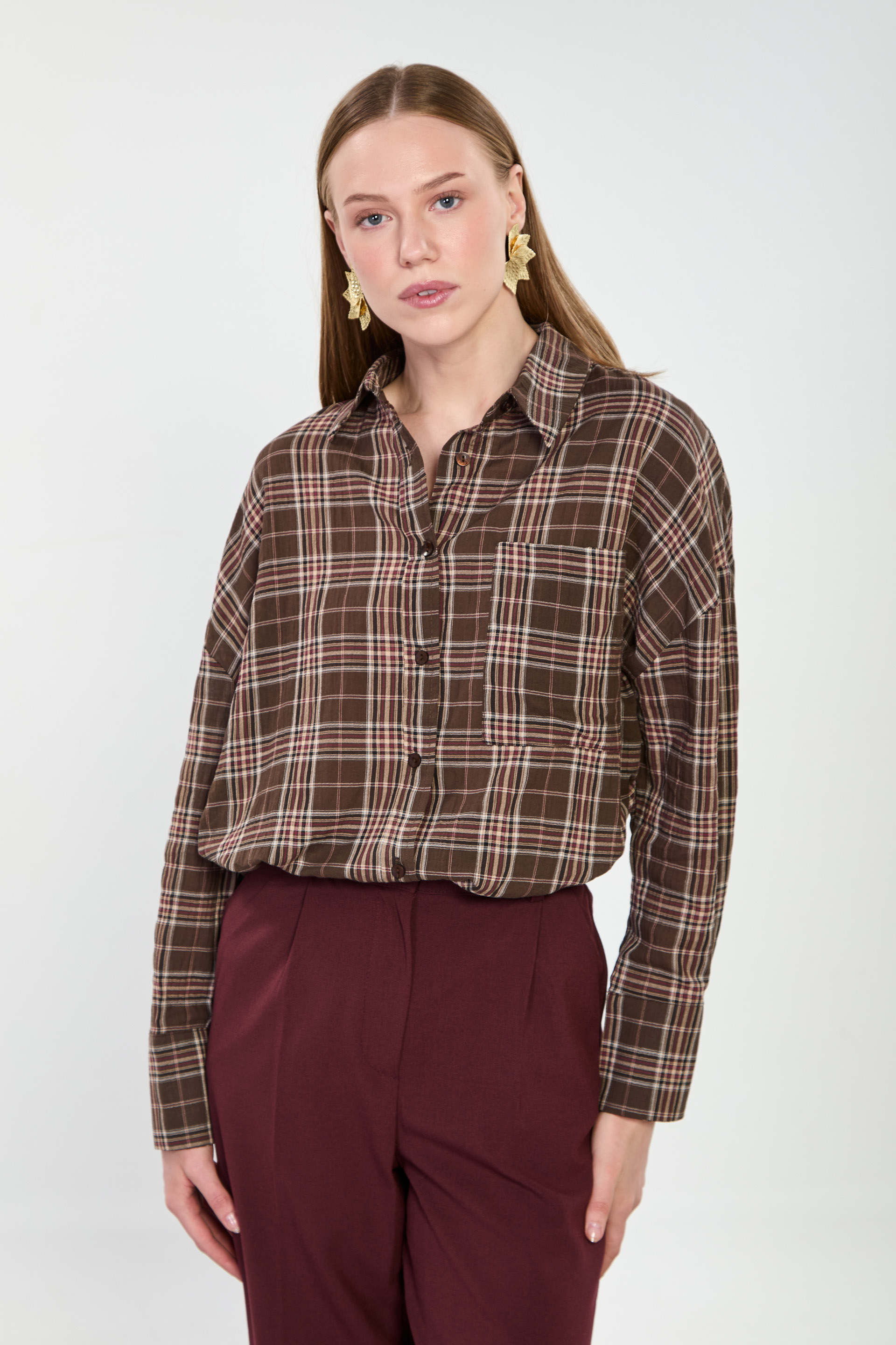 Kadın Çizgili Kareli Gömlek - Kahve