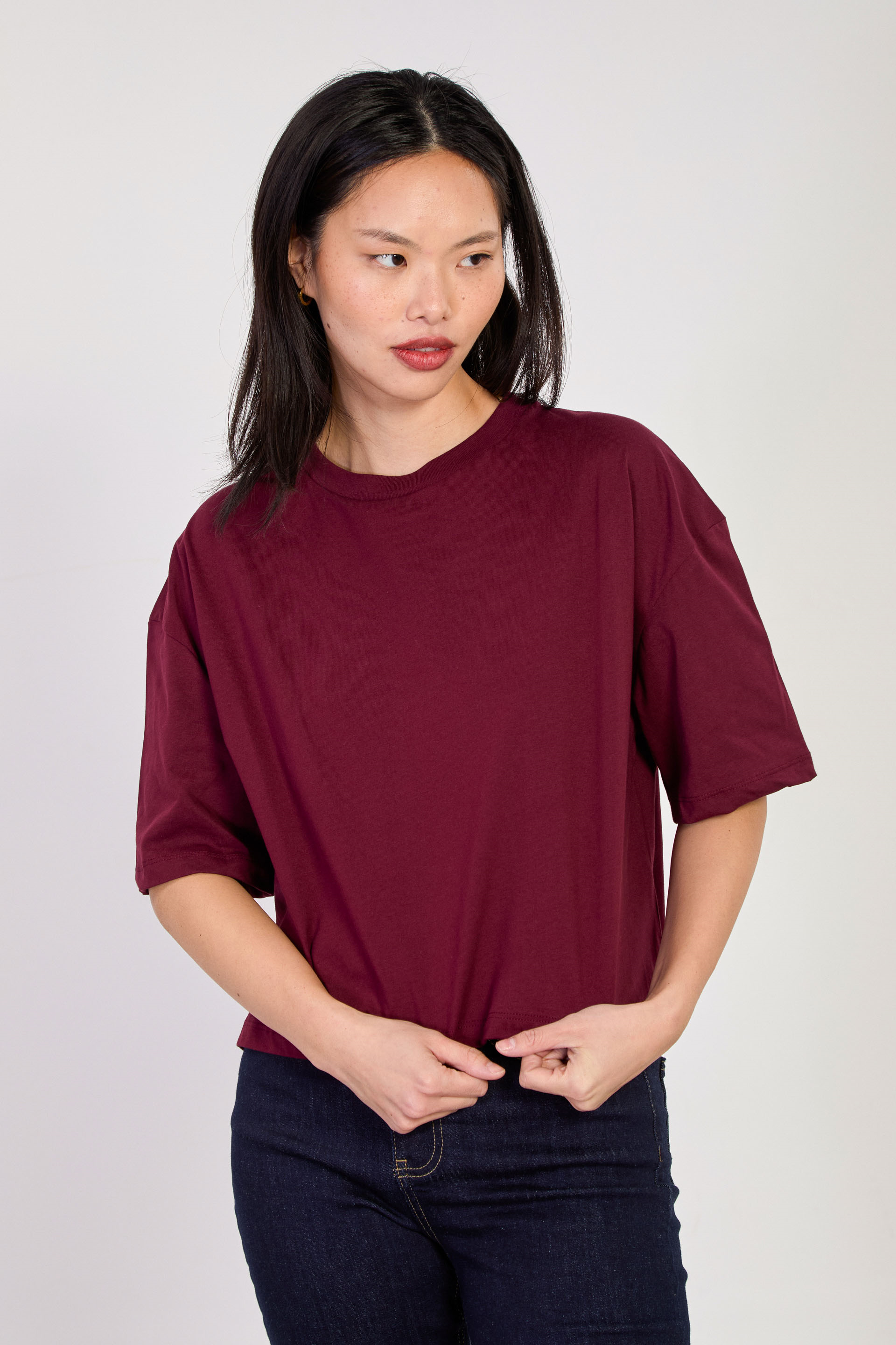 Kadın Bisiklet Yaka Kısa Oversize T-Shirt - Mürdüm