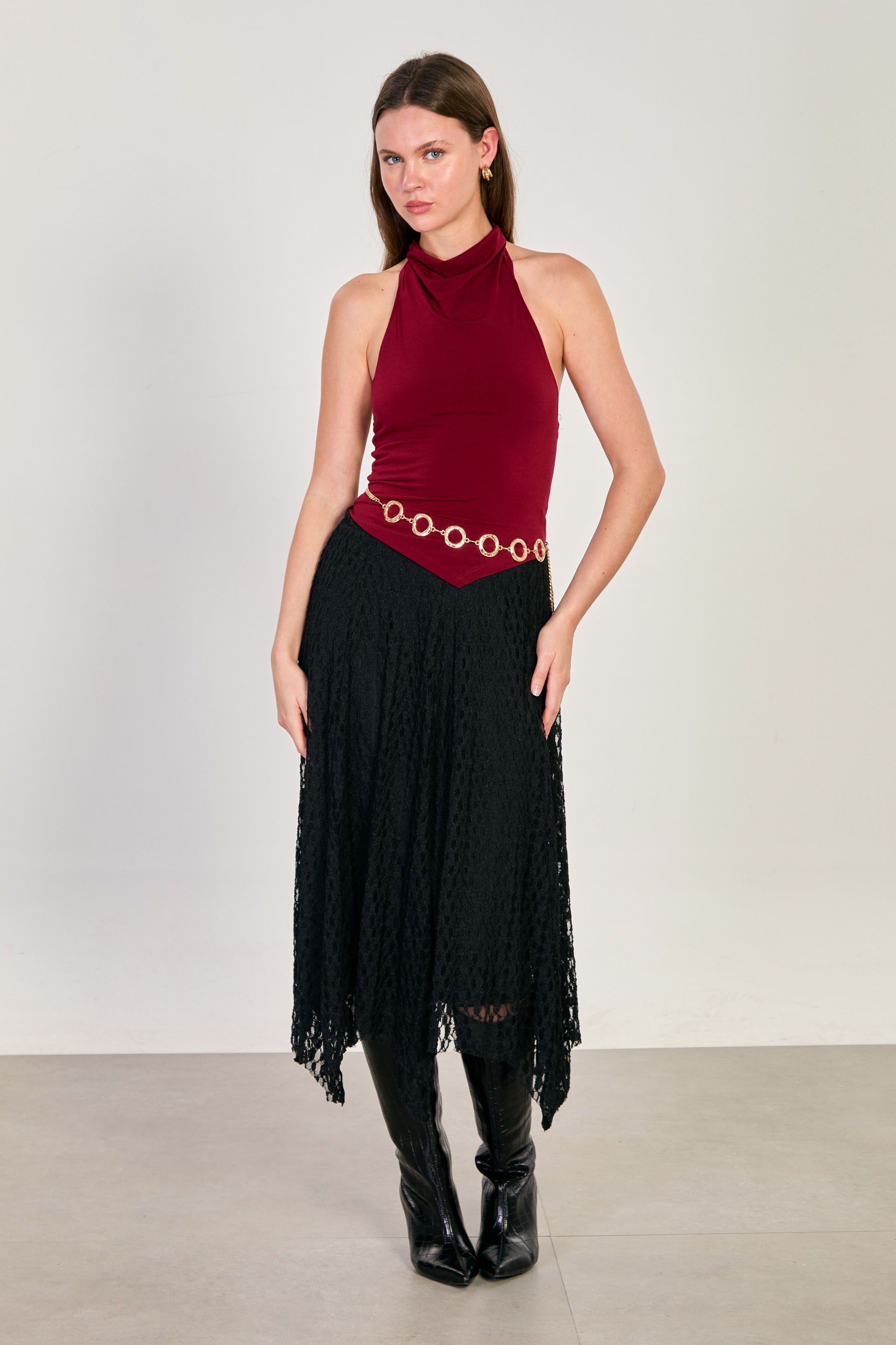 Kadın Asimetrik Kesim Dantelli Etek - Siyah