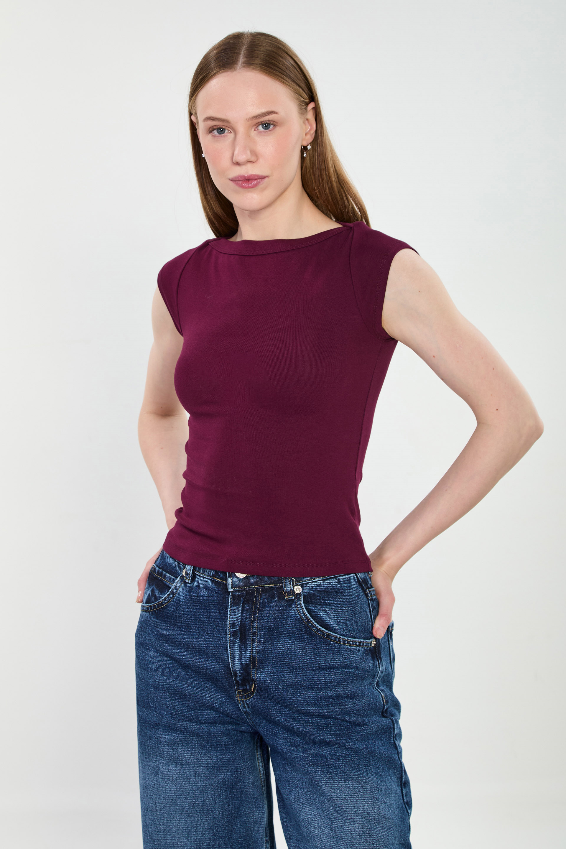 Kadın Kısa Kol Kayık Yaka Body - Mürdüm