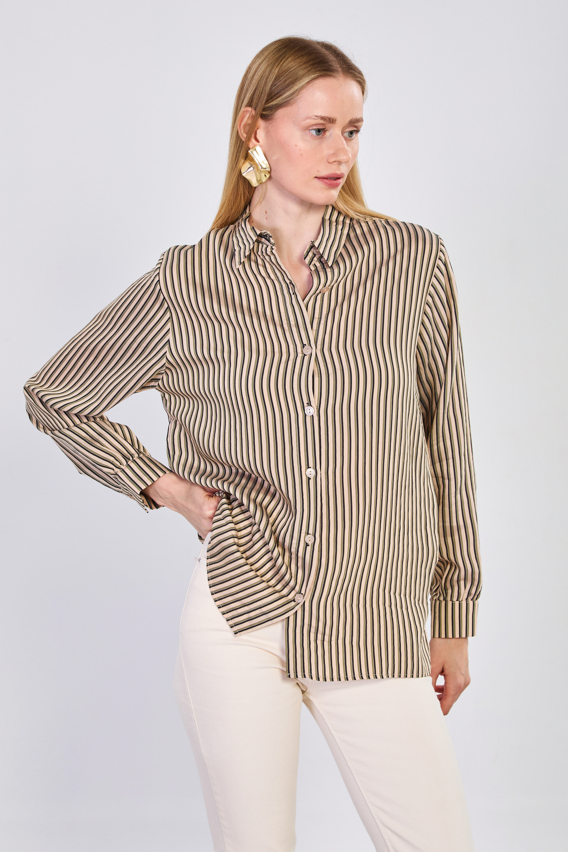 Kadın Çizgili Uzun Kol Gömlek - Krem/Haki