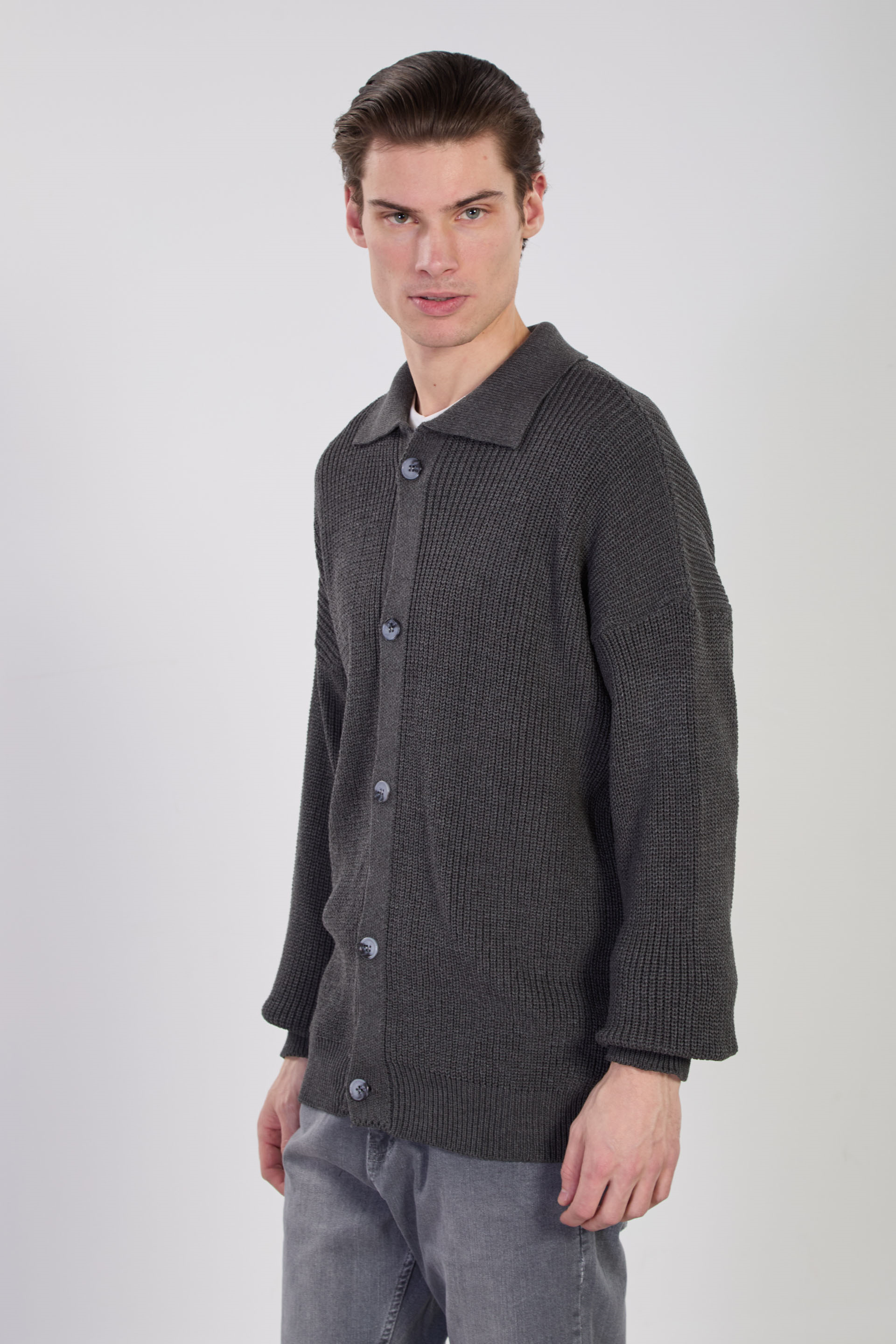 Erkek Polo Yaka Düğmeli Triko Hırka - Antrasit