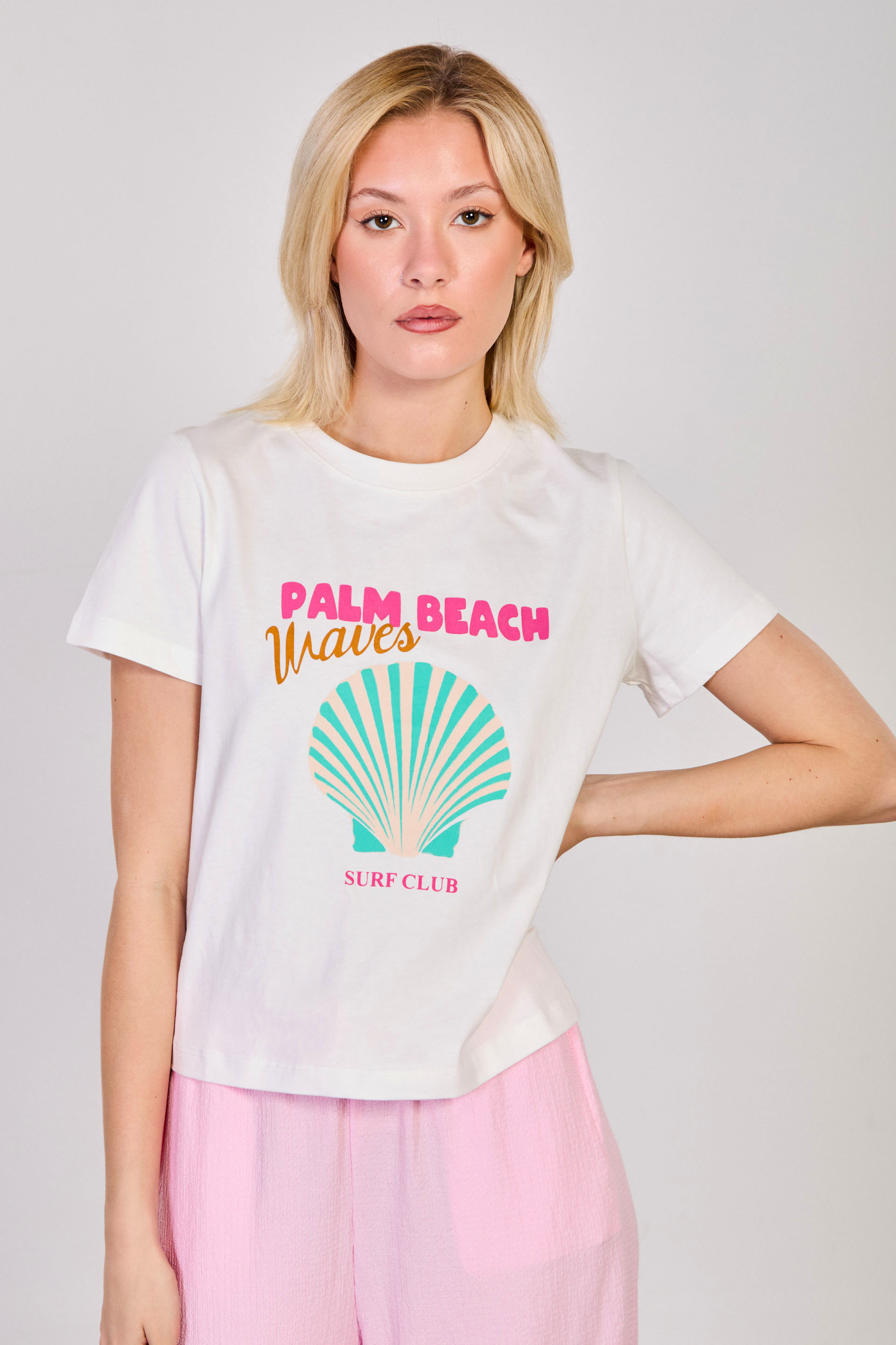 Kadın Palm Beach Yazılı T-Shirt - Ekru