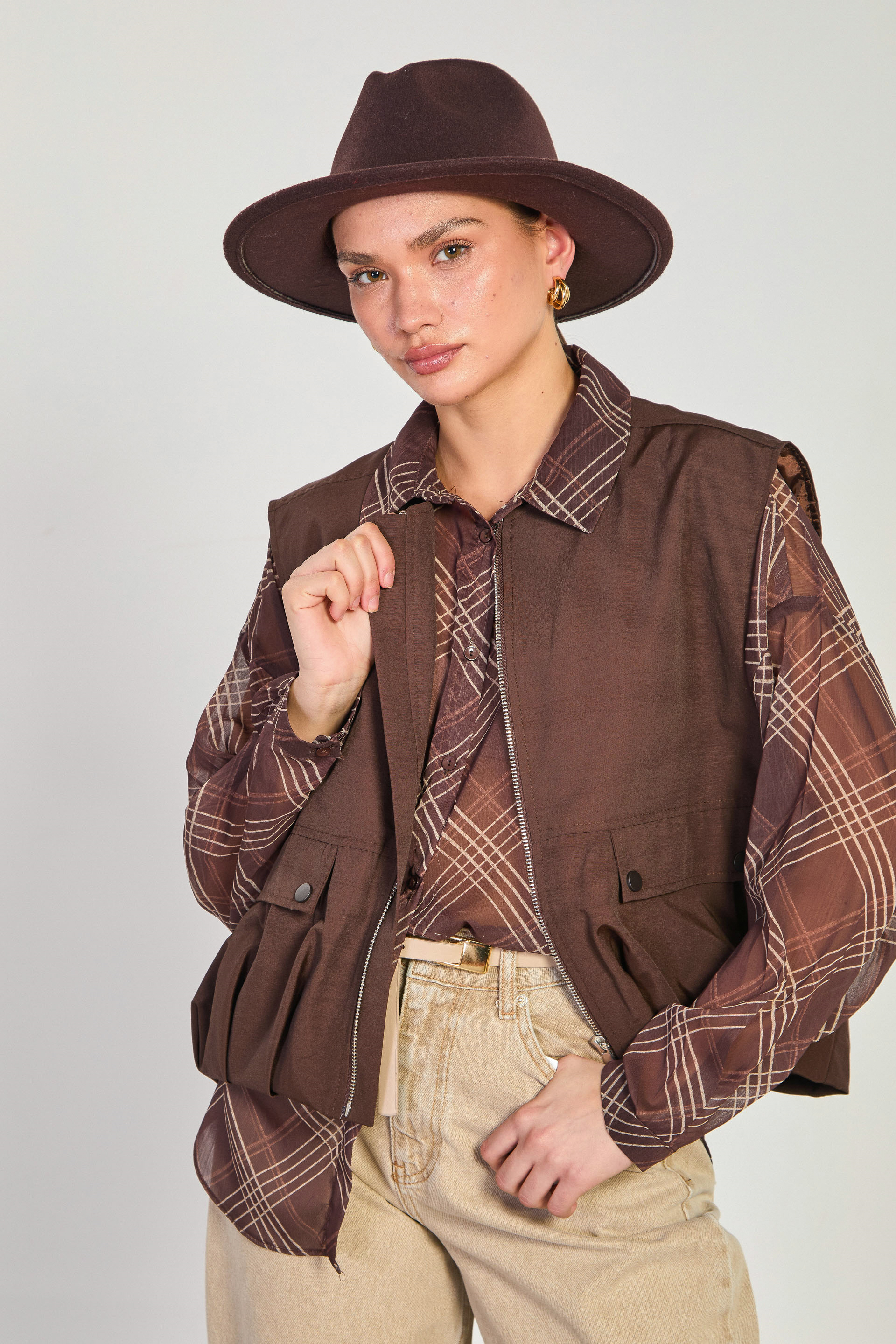 Kadın Cepli Bisiklet Yaka Yelek - Acı Kahve