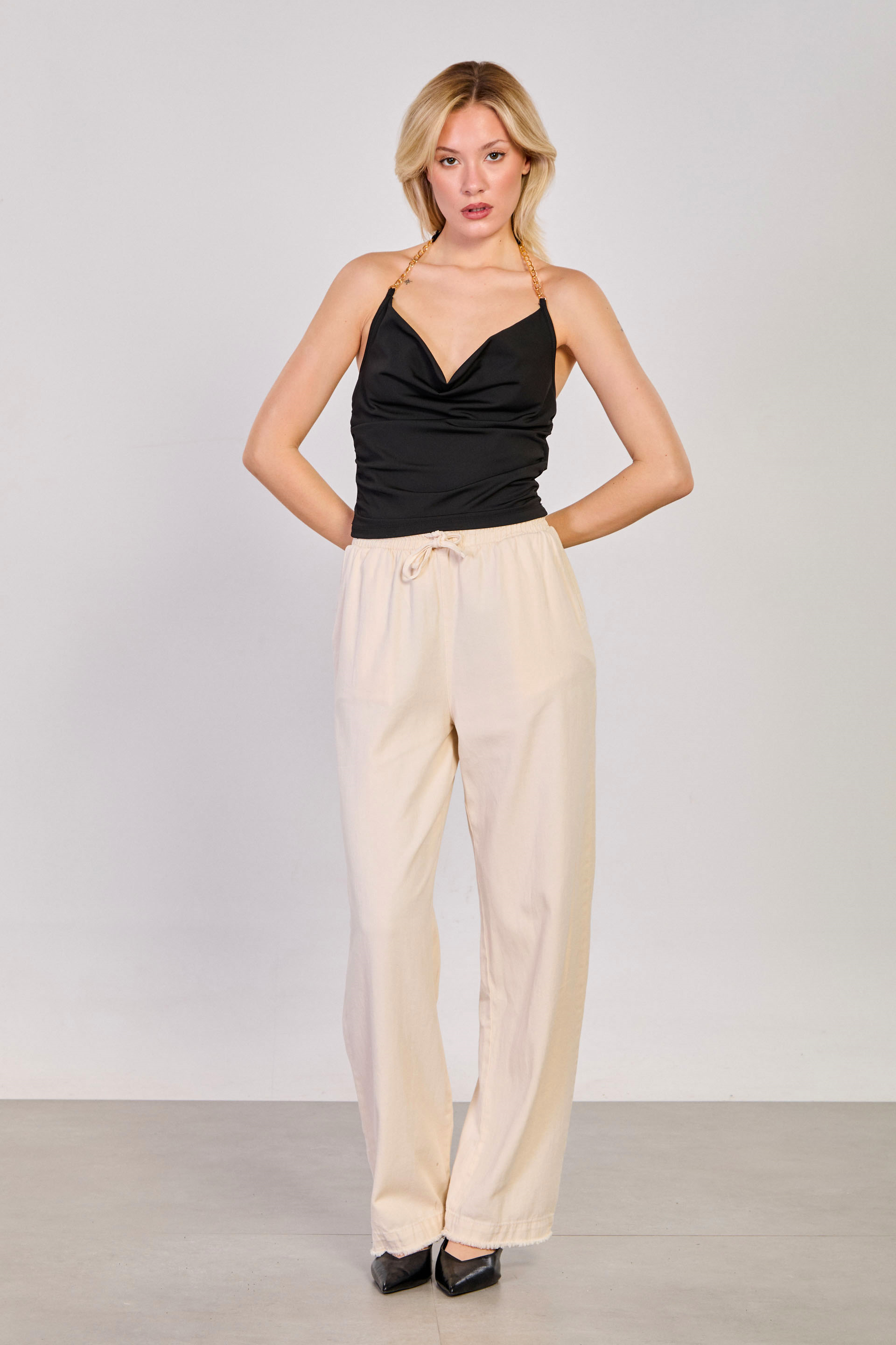 Kadın Paça Püsküllü Bol Paça Pantolon - Taş