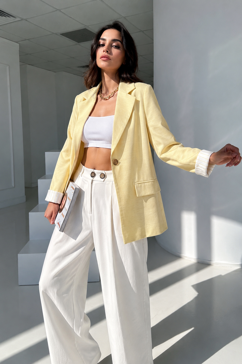 Kadın Kolları Çizgili Düğmeli Blazer Ceket - Sarı