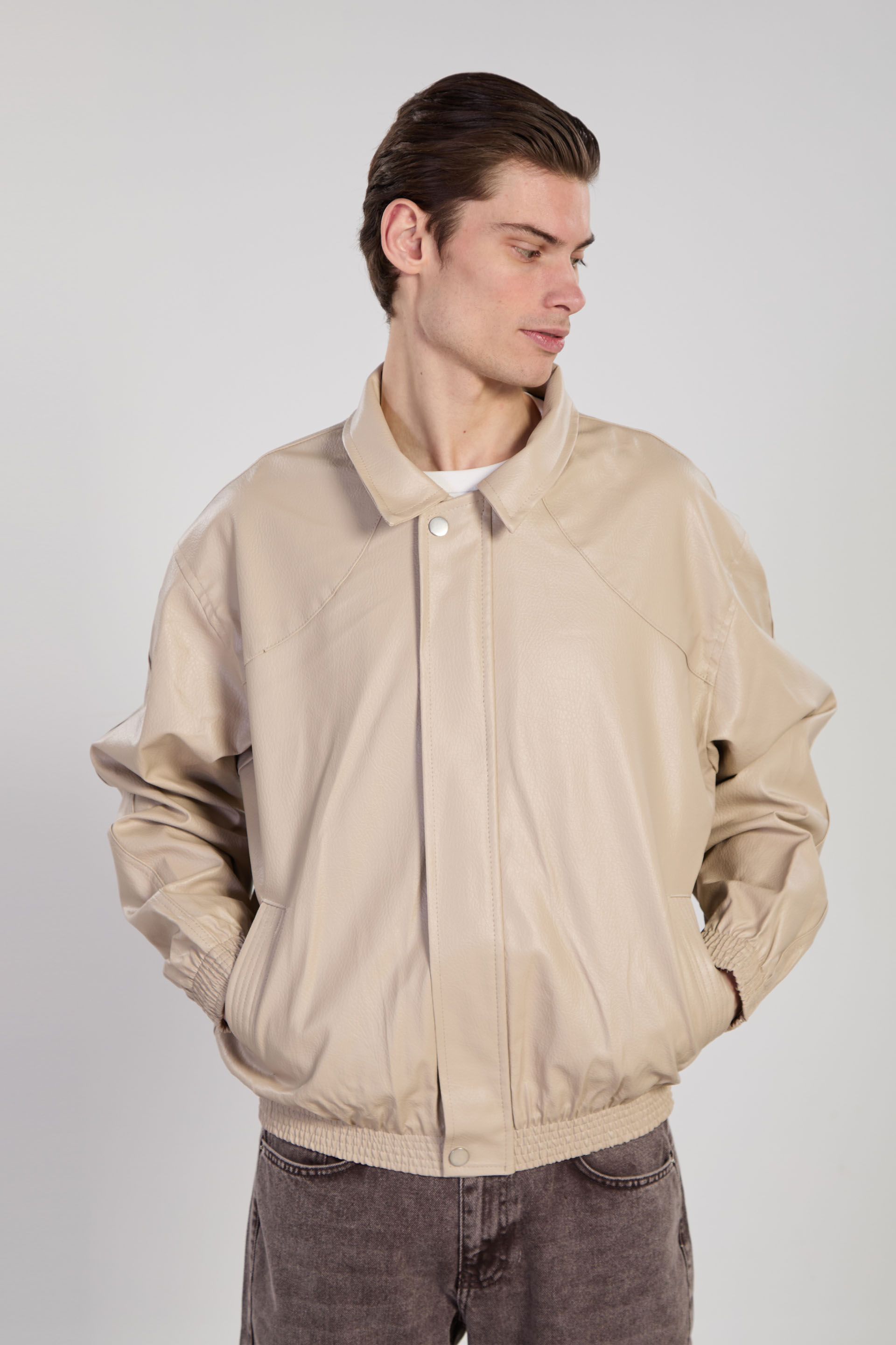 Erkek Çift Cep Detaylı Bomber Deri Mont - Taş