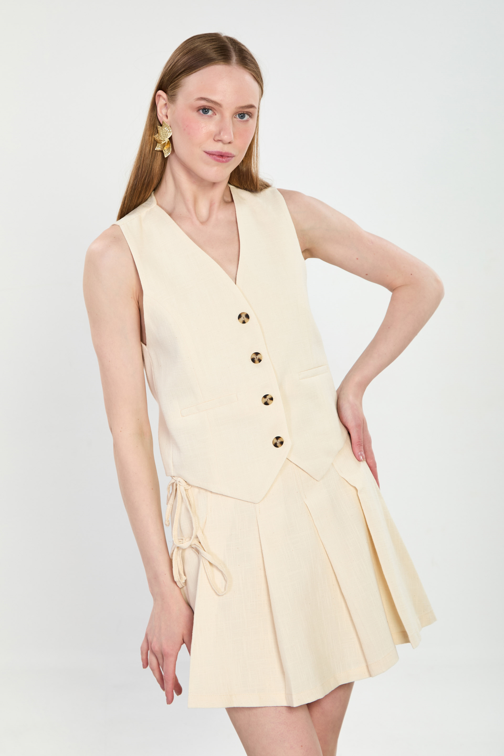 Kadın Fleto Cep Düğmeli Yelek - Natural