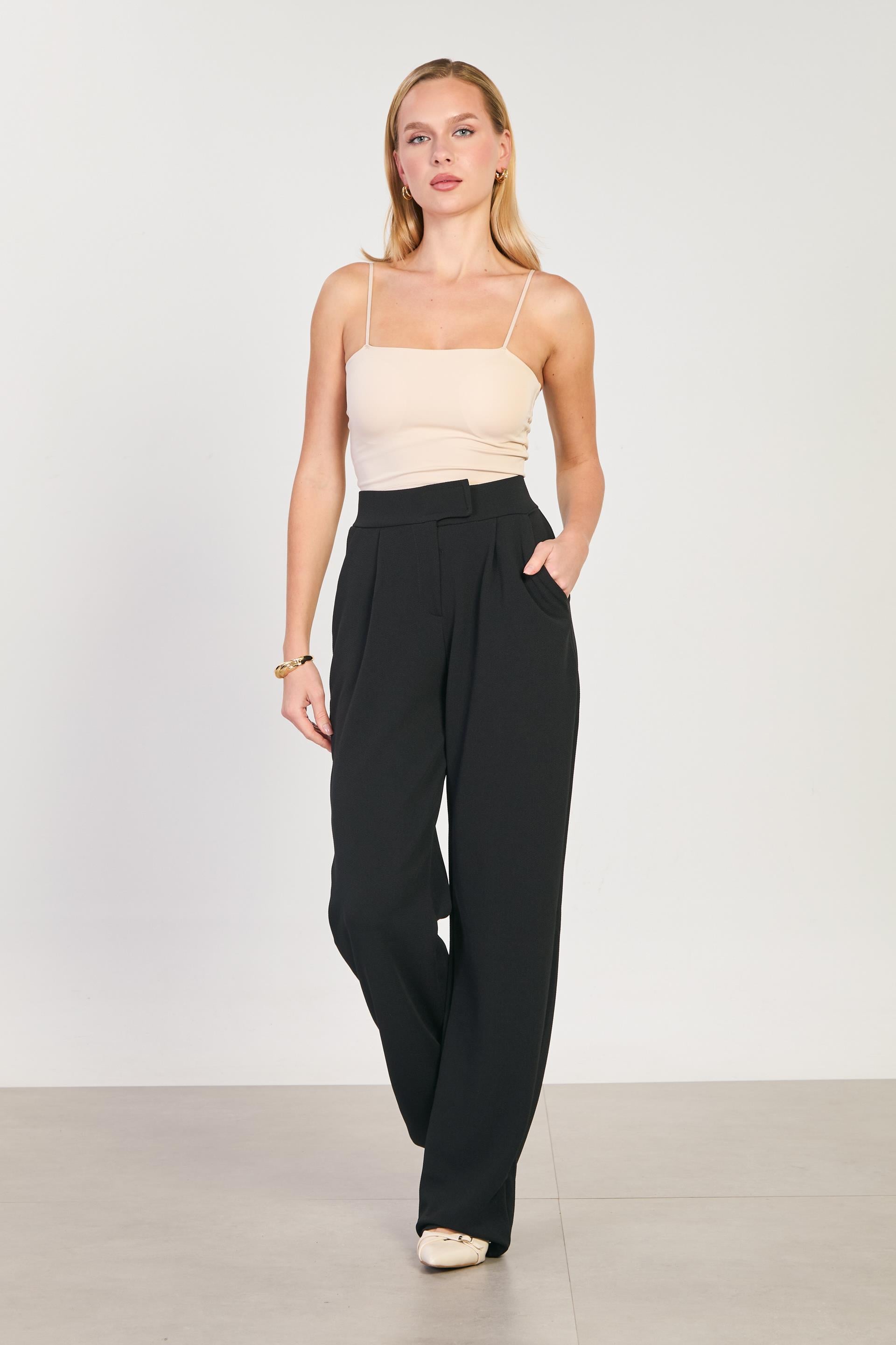 Kadın Beli Cırtlı Bol Pantolon - Siyah