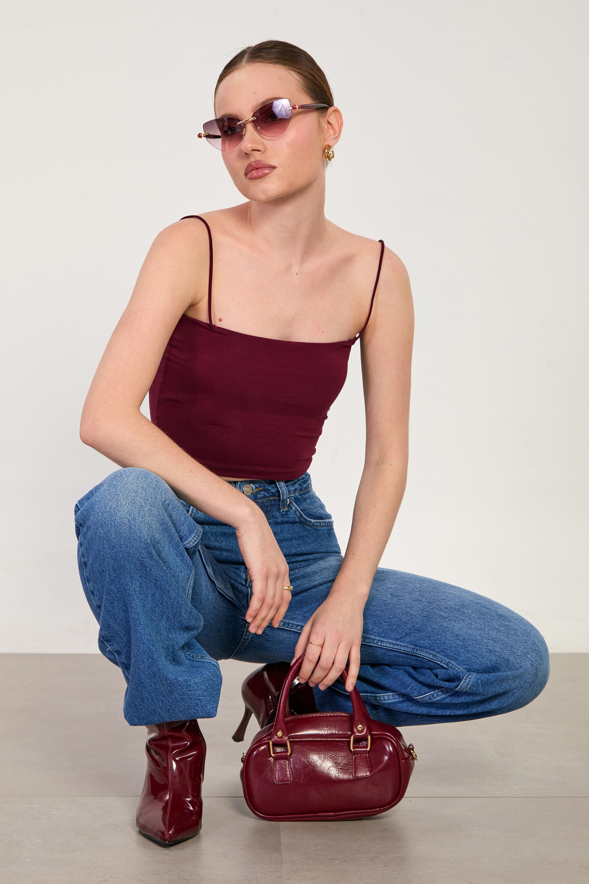 	Kadın Göğsü Pedli Askılı Crop Atlet - Bordo