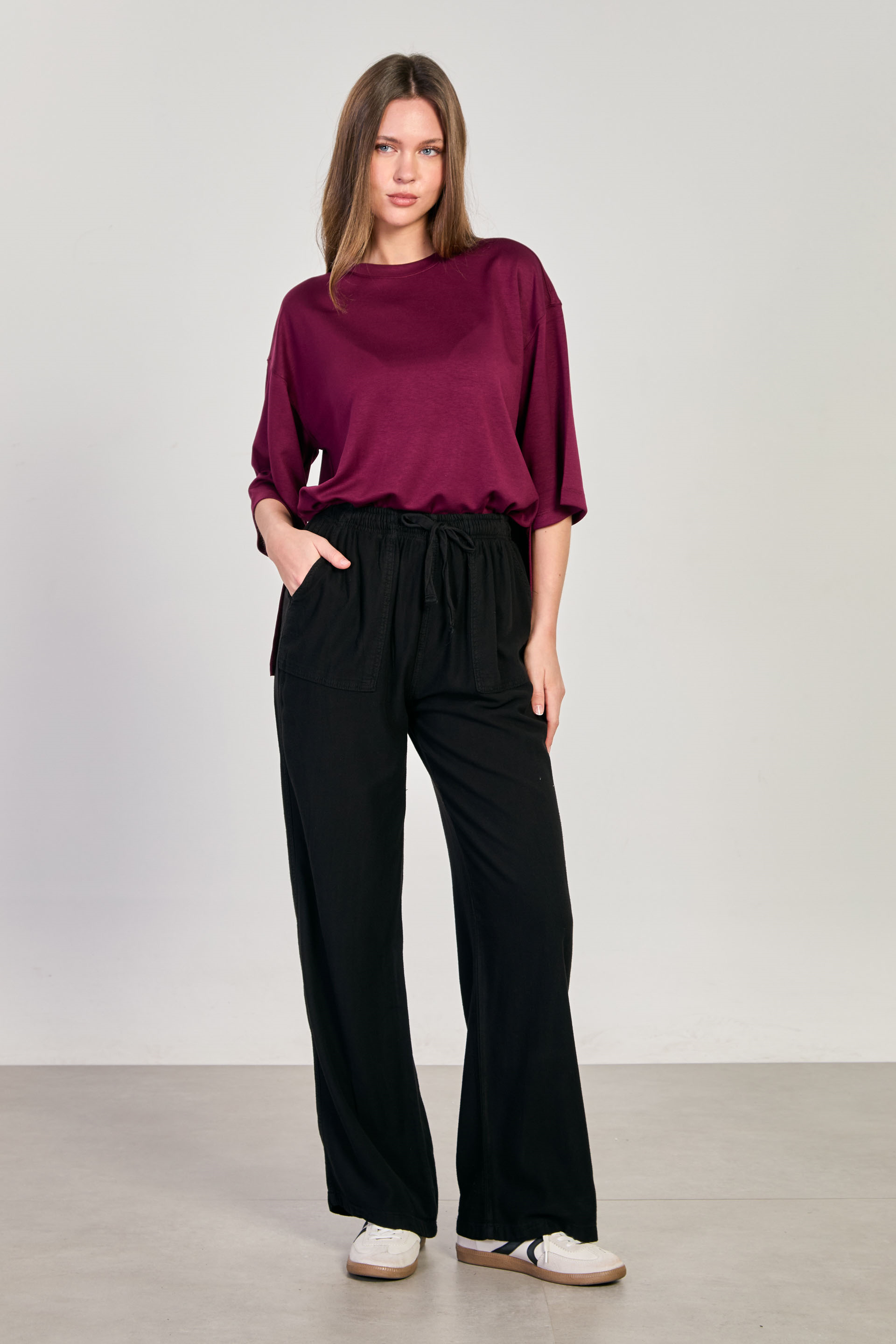 Kadın Beli Lastikli Kare Cep Bol Pantolon - Siyah