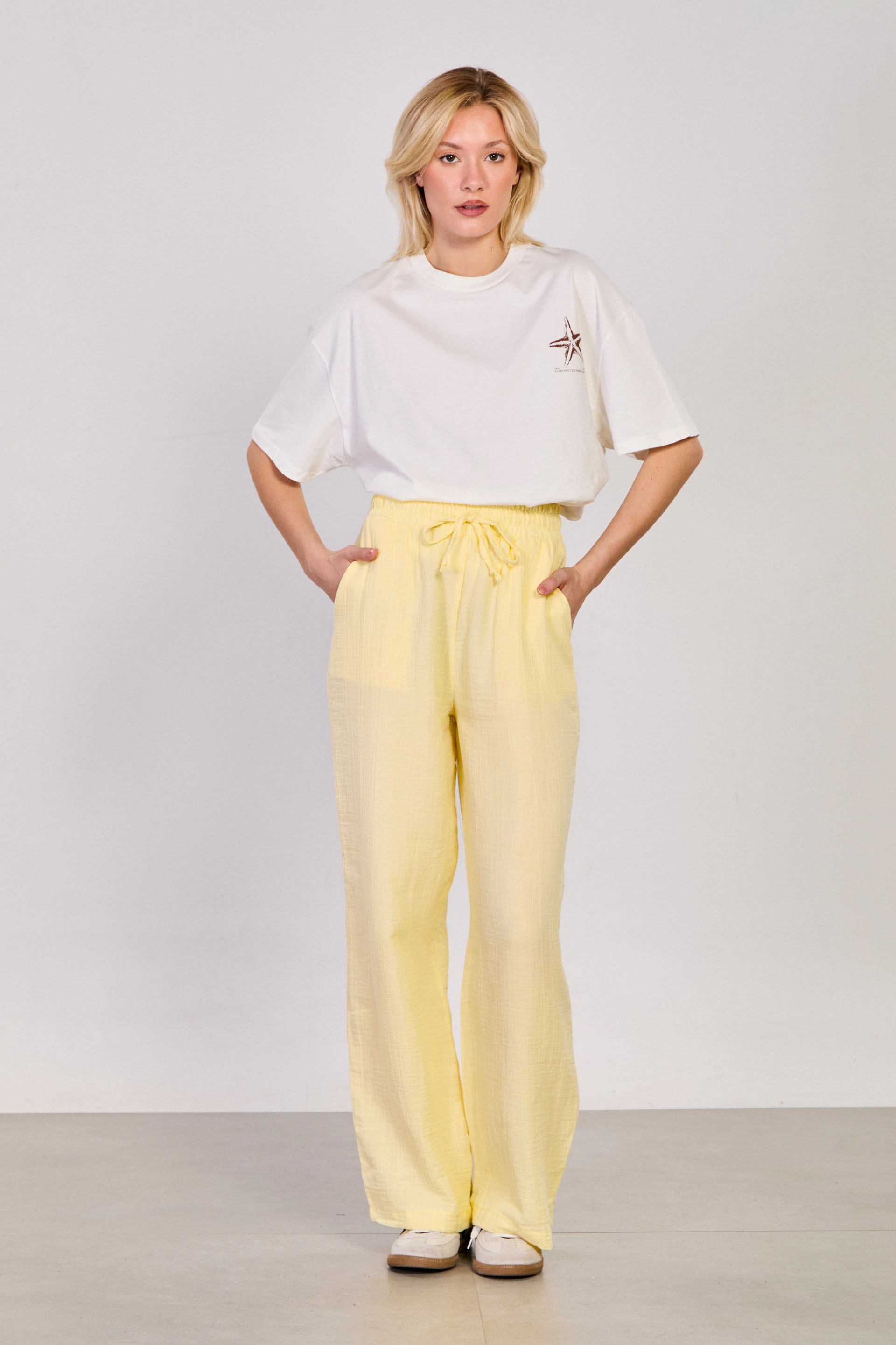 Kadın Beli Bağlamalı Pamuklu Bol Pantolon - Sarı