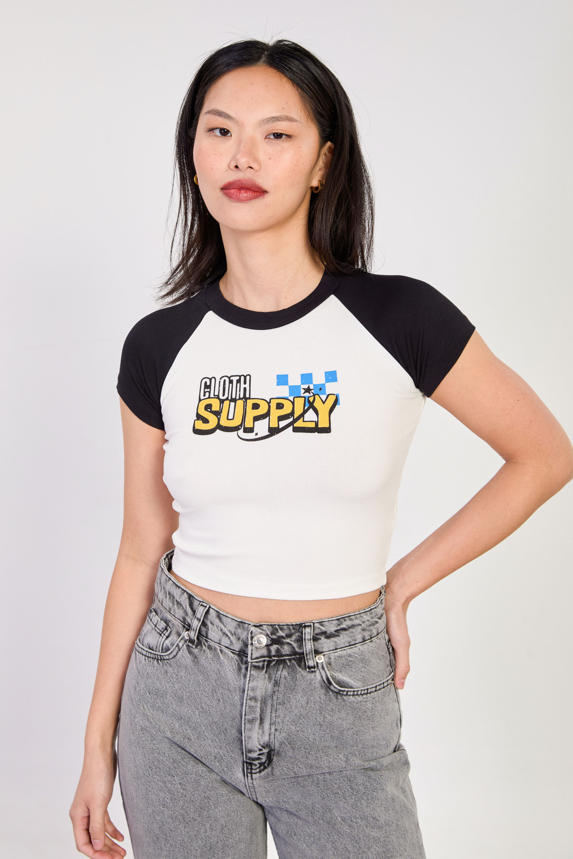 Kadın Cloth Supply Baskılı Kol Garnili Body - Ekru/Siyah