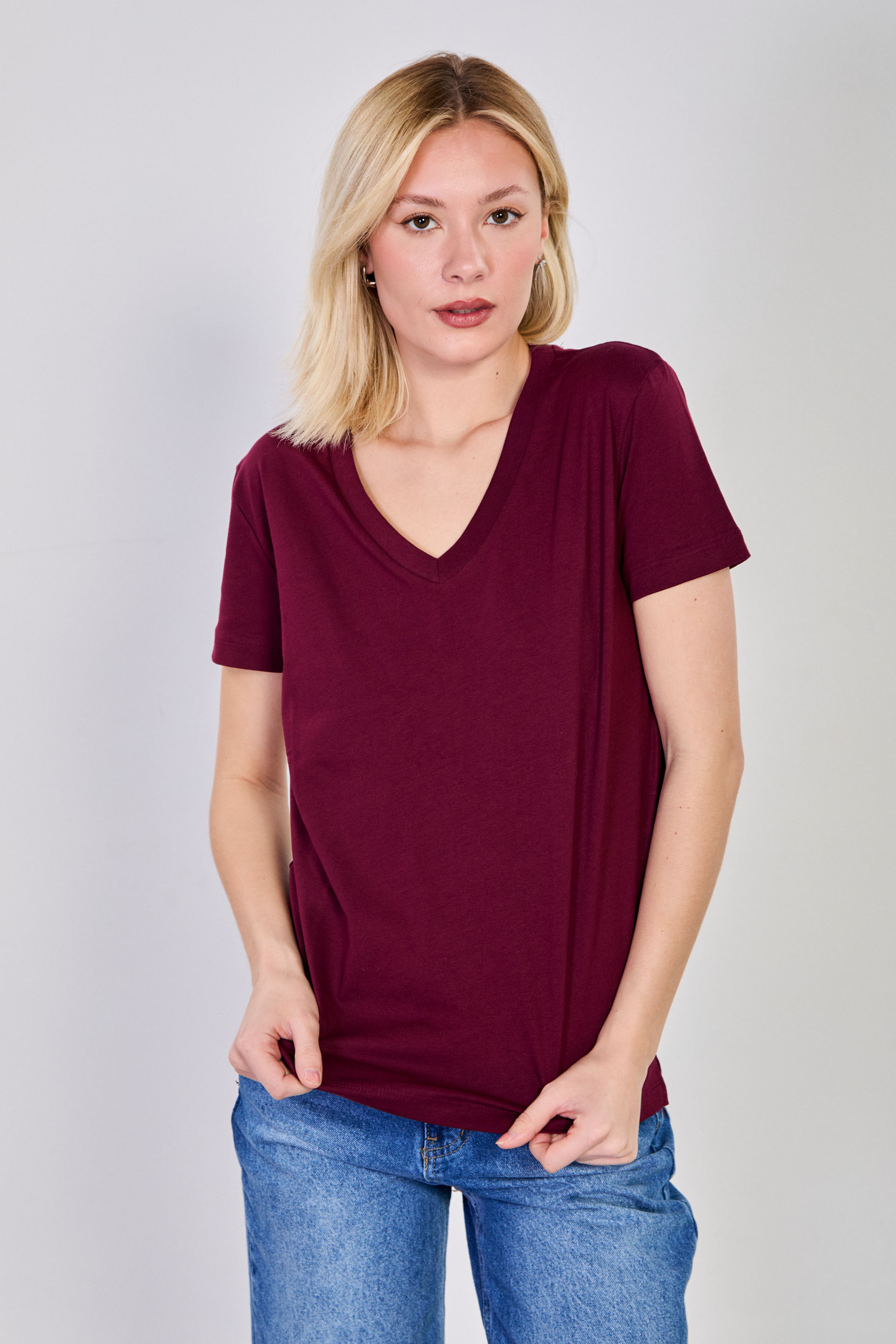 Kadın V Yaka Basic T-Shirt - Mürdüm