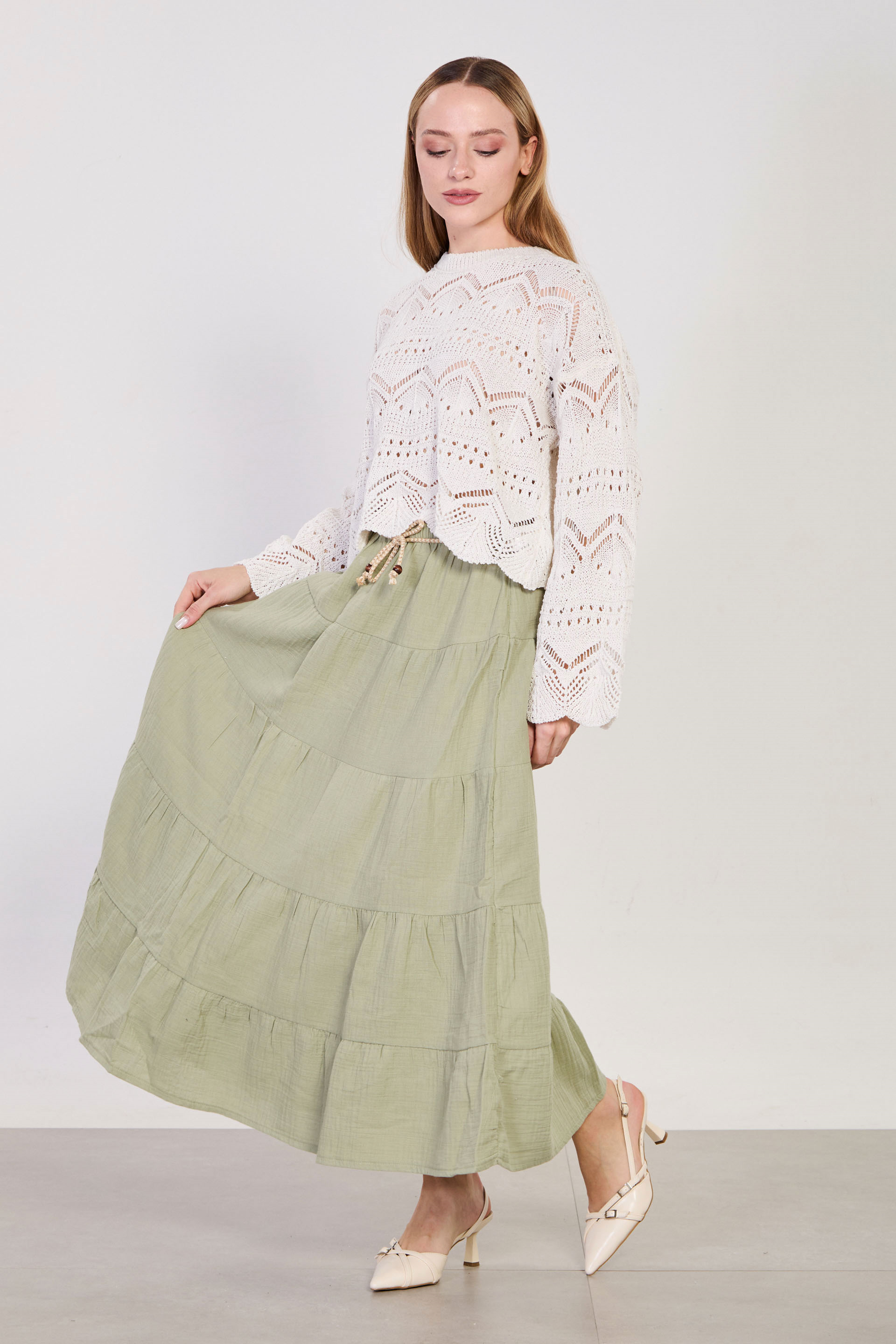 Kadın Kemerli Pileli Uzun Pamuk Etek - Olive