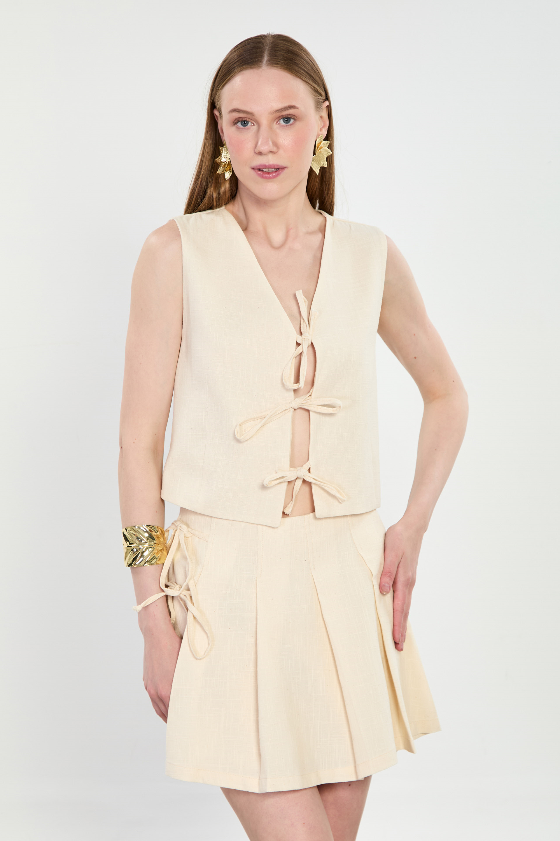 Kadın Önü Bağlamalı Keten Yelek - Natural