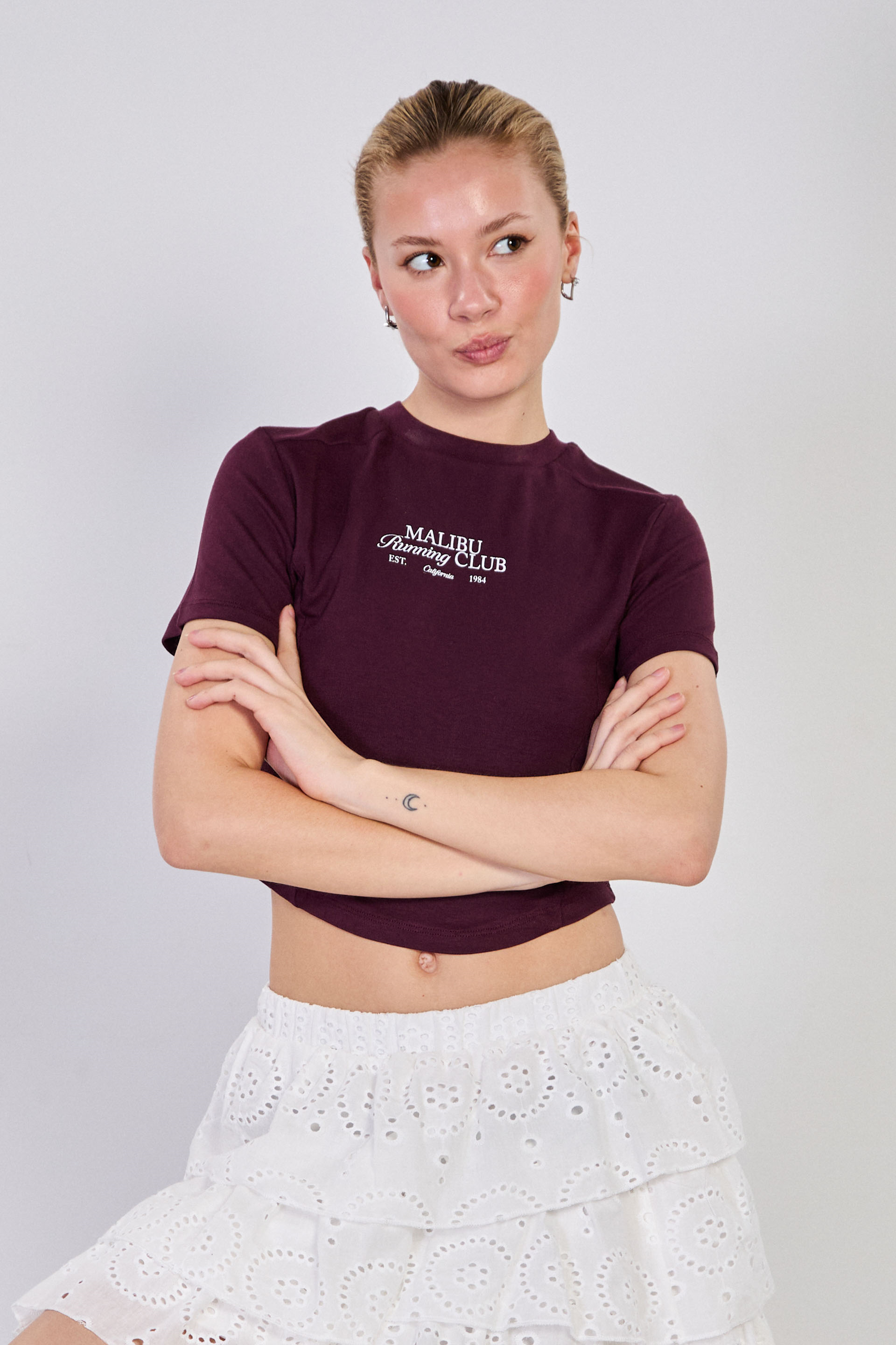 Kadın Malibu Baskılı Crop Body - Mürdüm