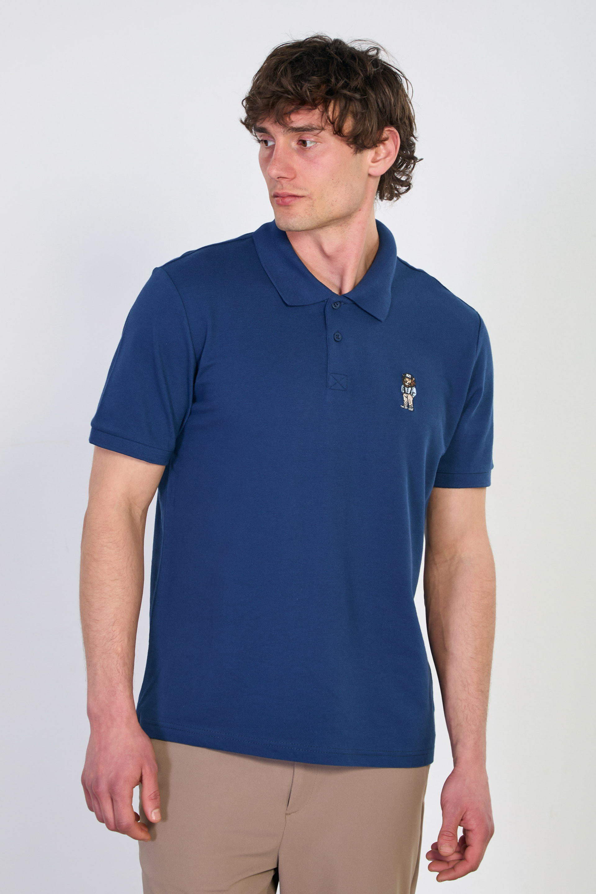 Erkek Aslan Nakışlı Polo Yaka T-Shirt - Lacivert