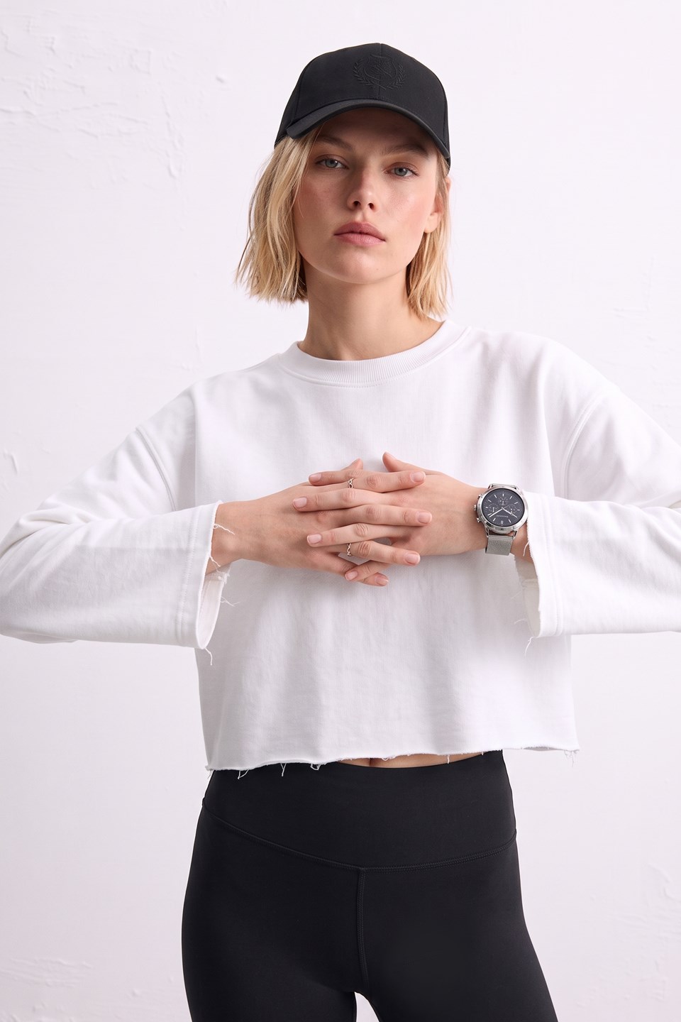 Kadın Bisiklet Yaka Oversize Kısa Swaetshirt - Ekru