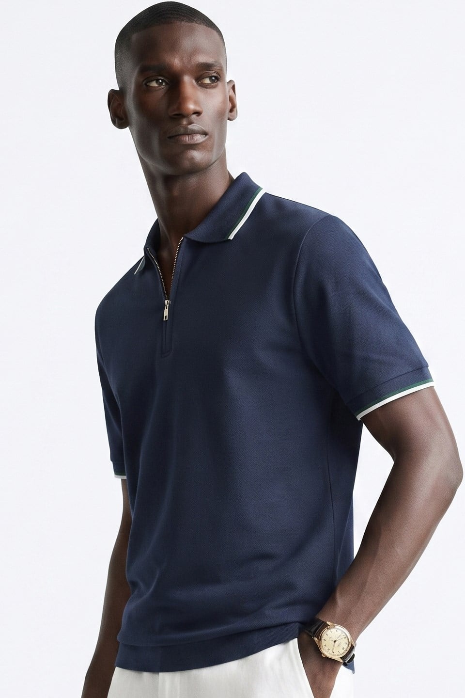 Erkek Yarım Fermuarlı Ribana Detay Polo Yaka T-Shirt - Lacivert