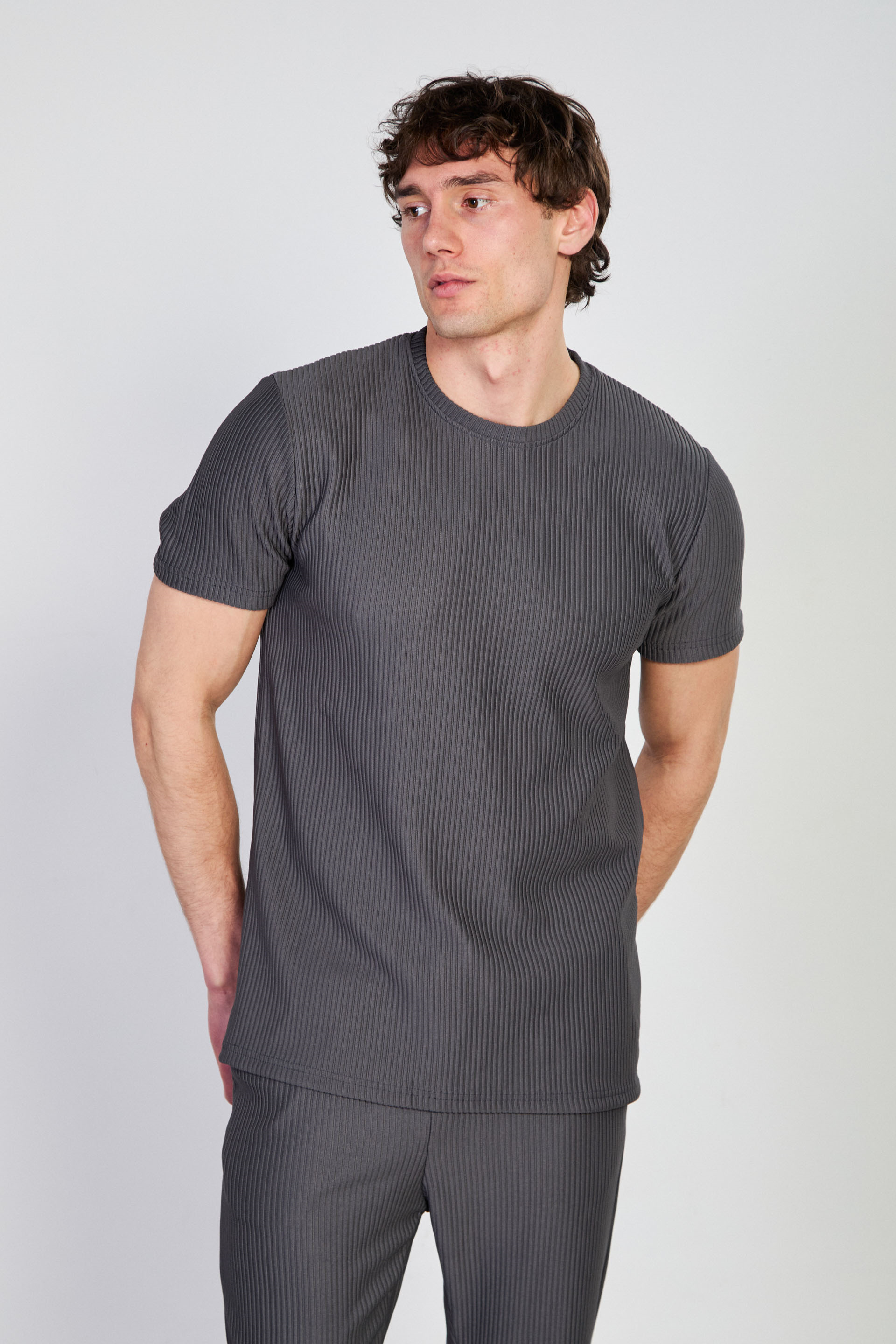 Erkek Fitilli Bisiklet Yaka T-Shirt - Füme