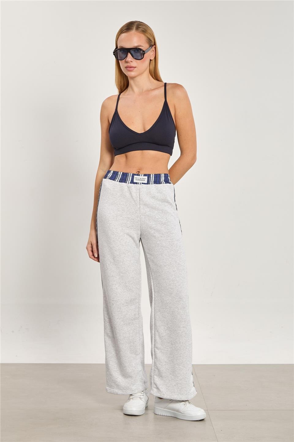 Kadın Gömlek Garnili Bol Paça Eşofman Altı - Kar Melanj