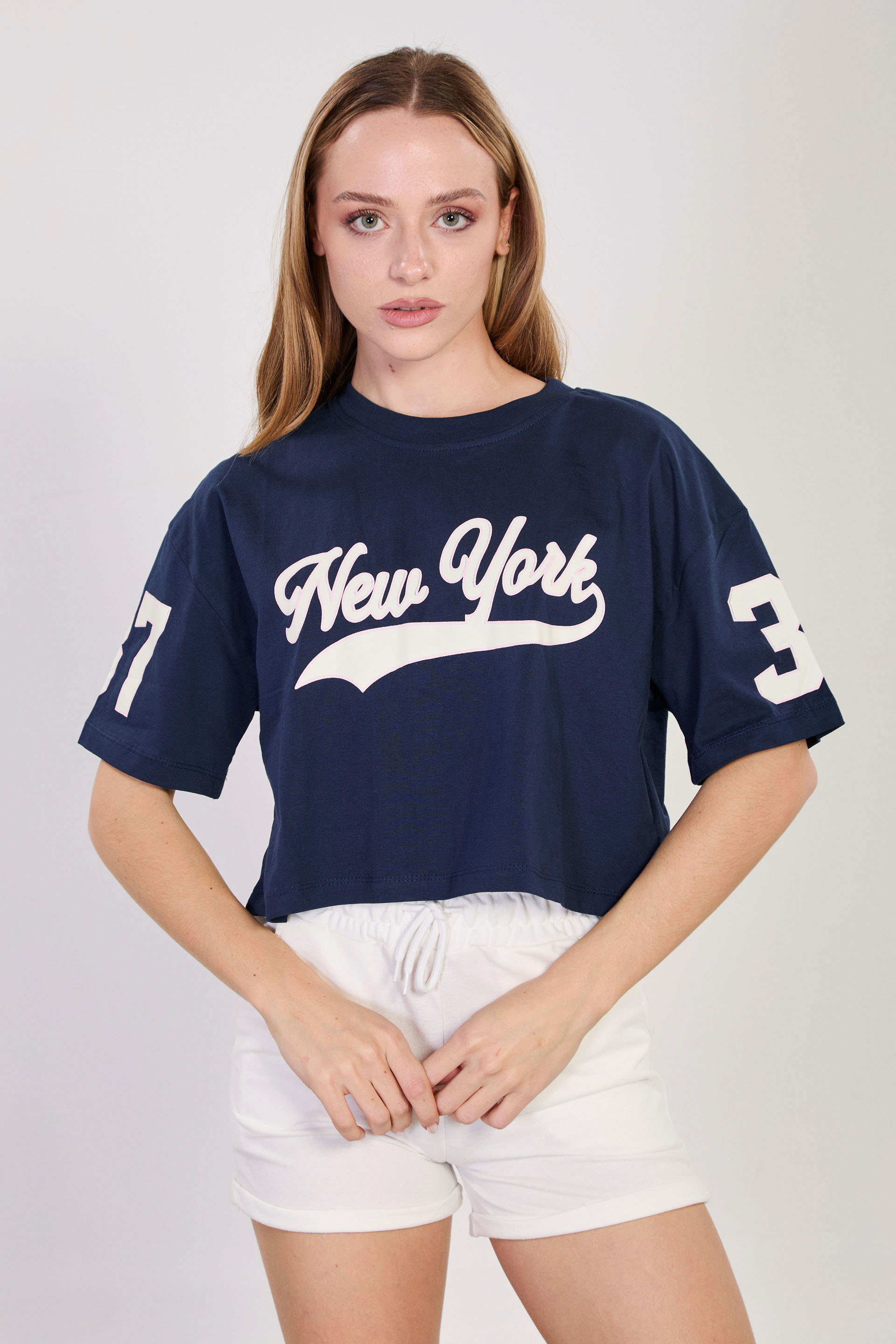 Kadın New York Baskılı Crop T-Shirt - Lacivert