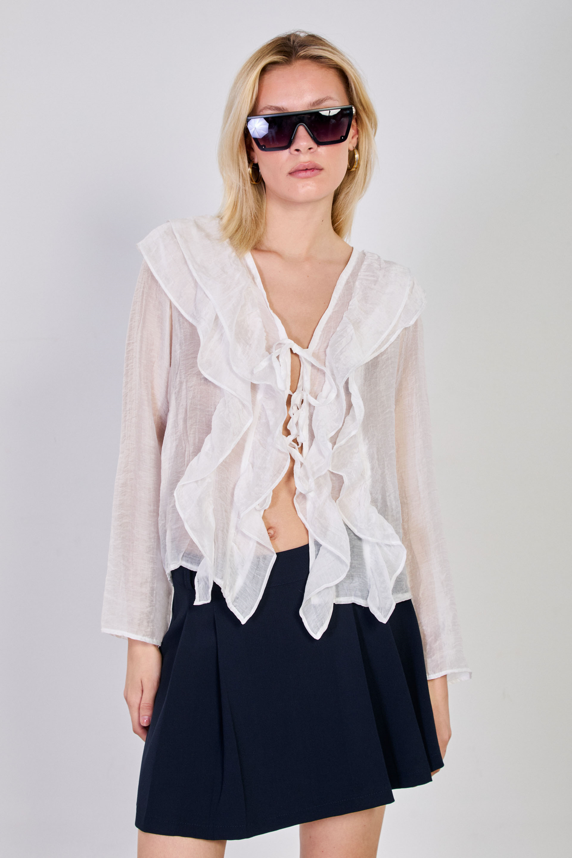 Kadın Önü Bağlamalı Fırfırlı Bluz - Ekru