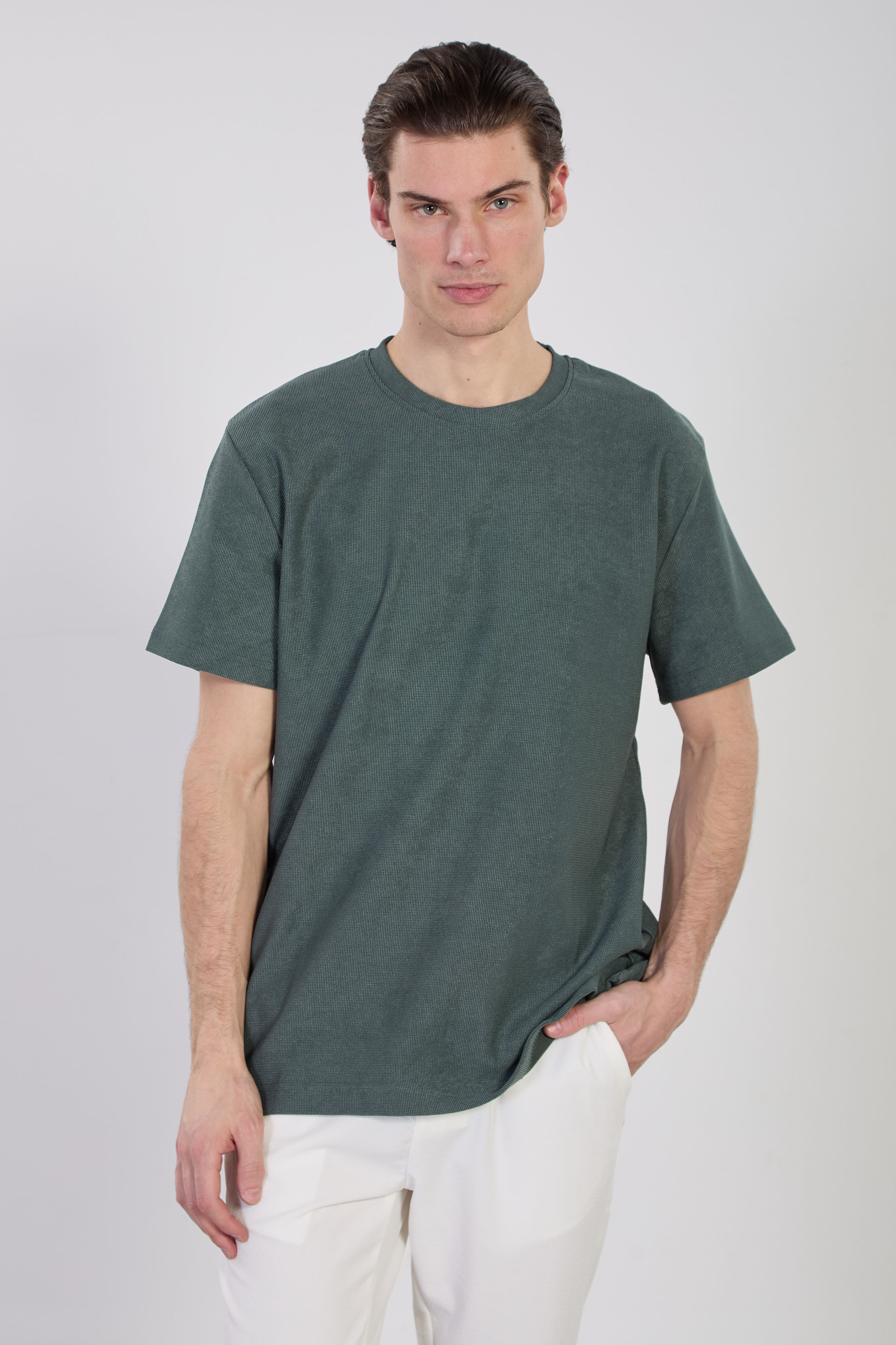 Erkek Bisiklet Yaka Dokulu T-Shirt - Haki