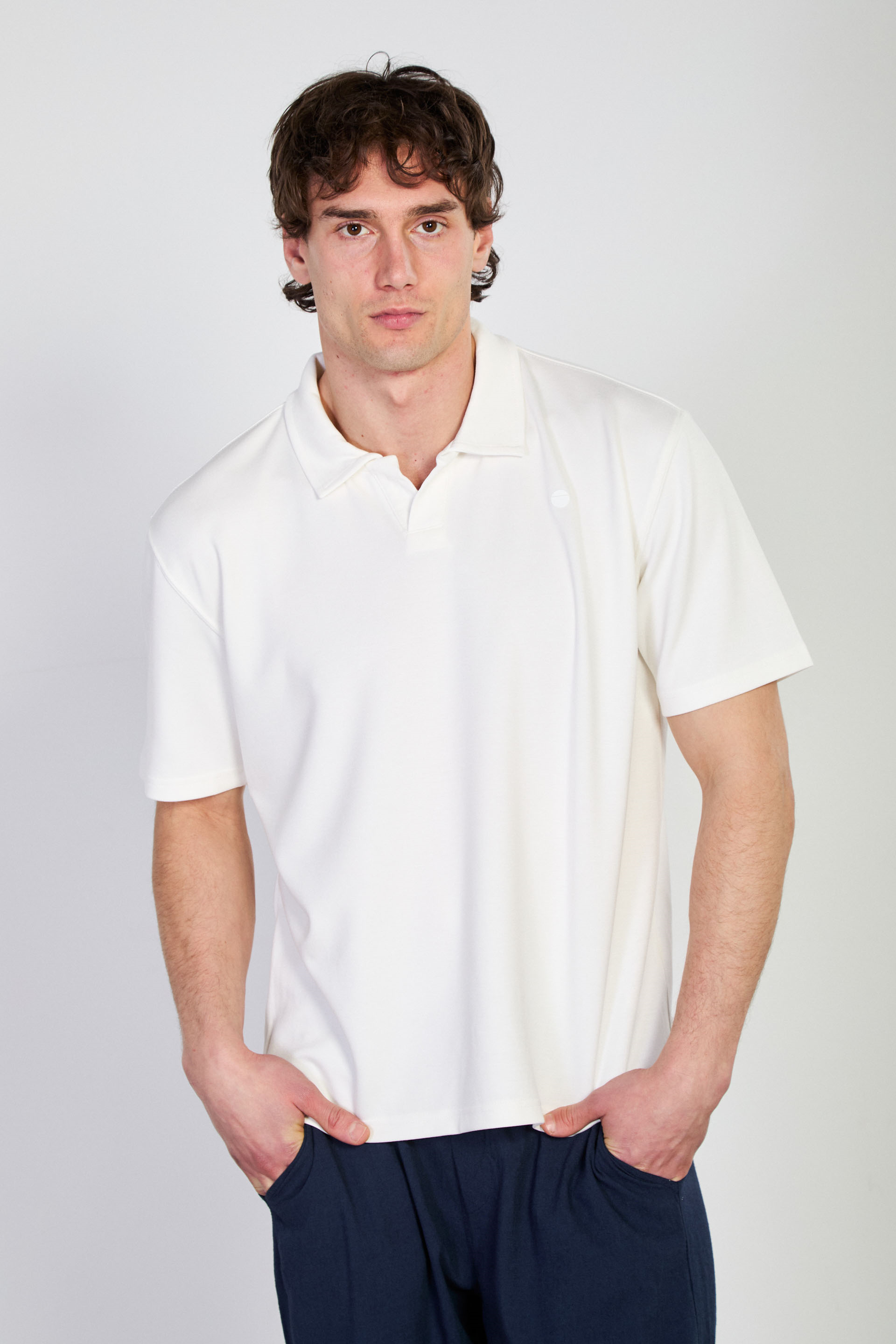 Erkek Yarım Patlı Polo Yaka T-Shirt - Ekru