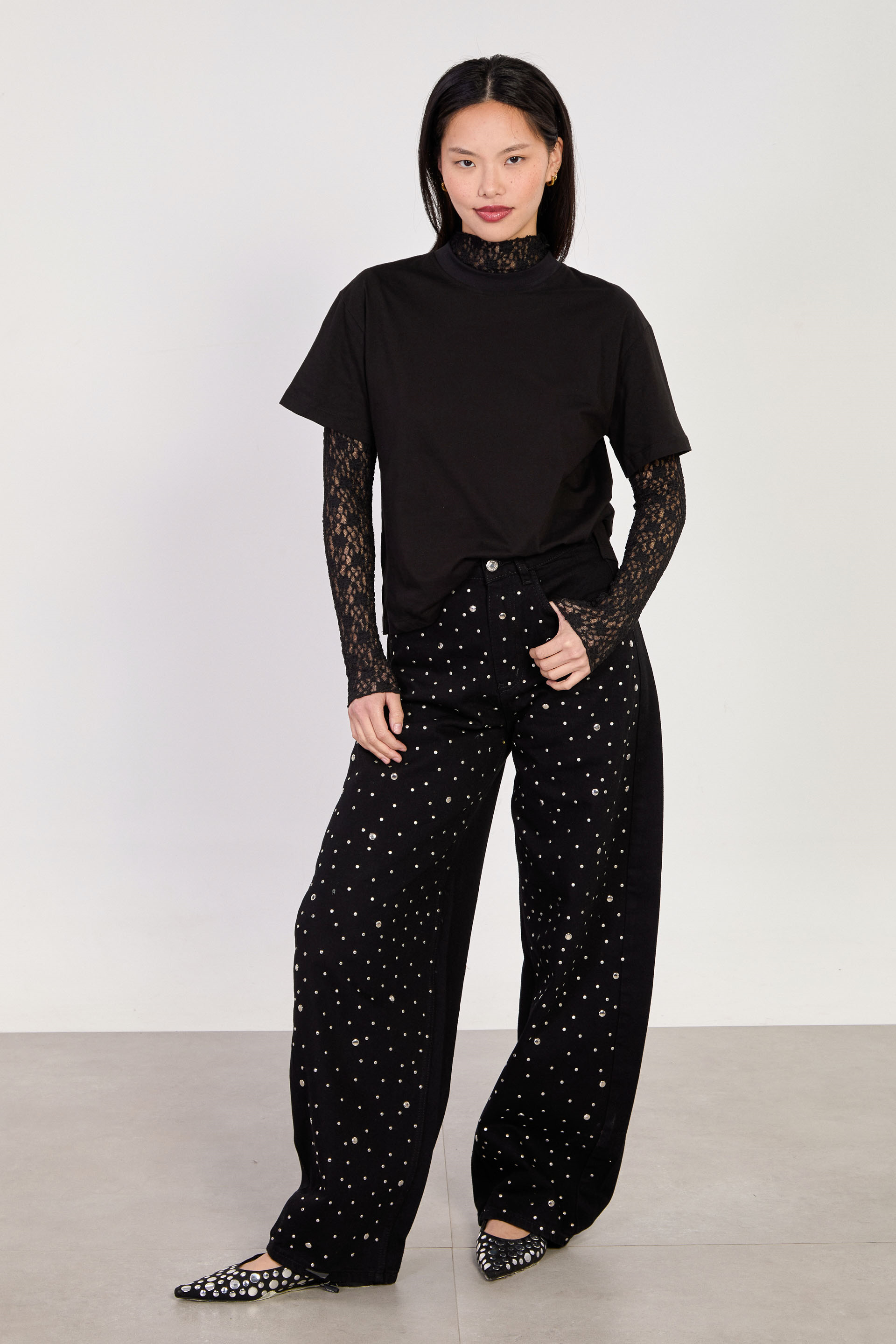 Kadın Zımbalı Balon Jean Pantolon - Siyah