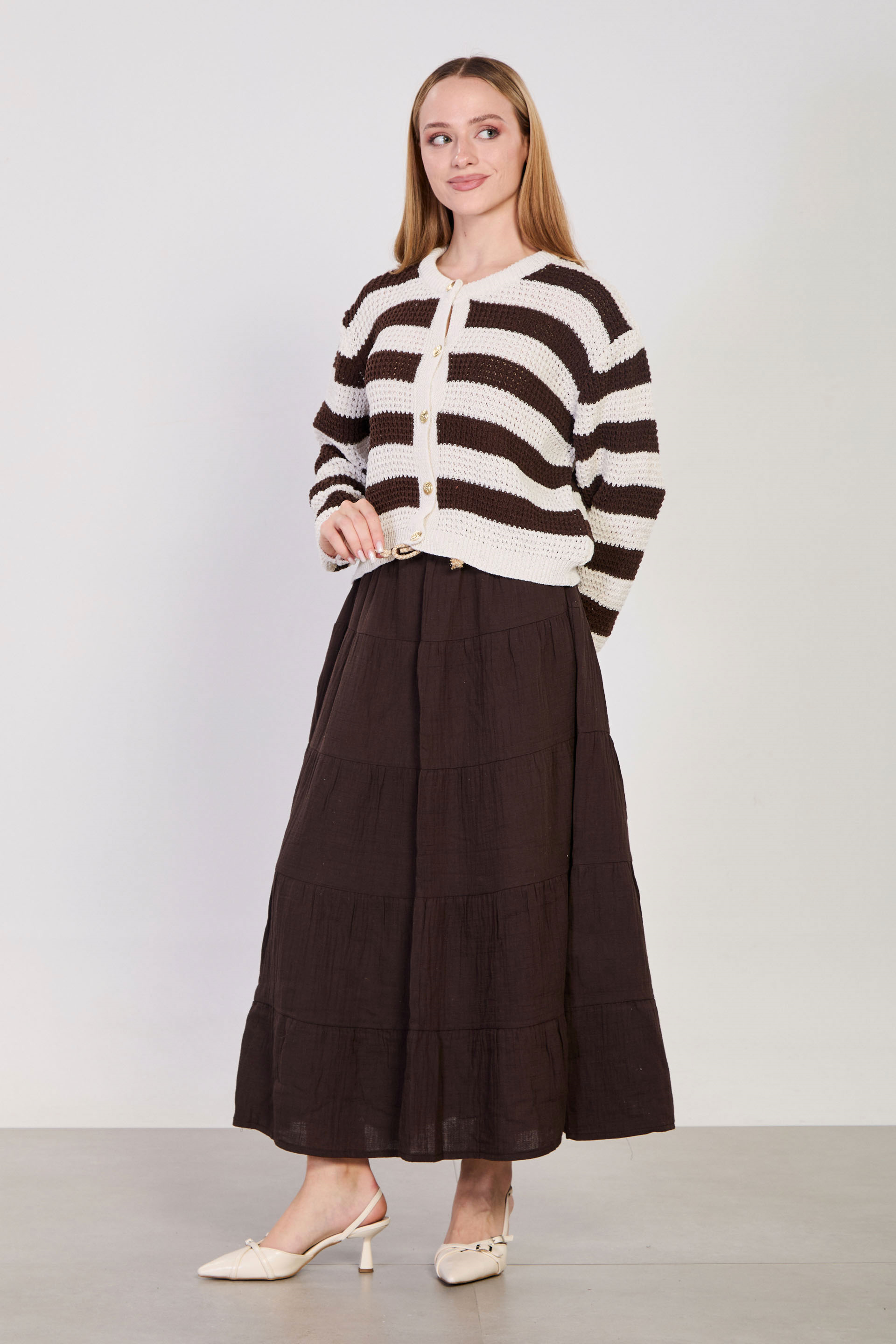 Kadın Kemerli Pileli Uzun Pamuk Etek - Kahve