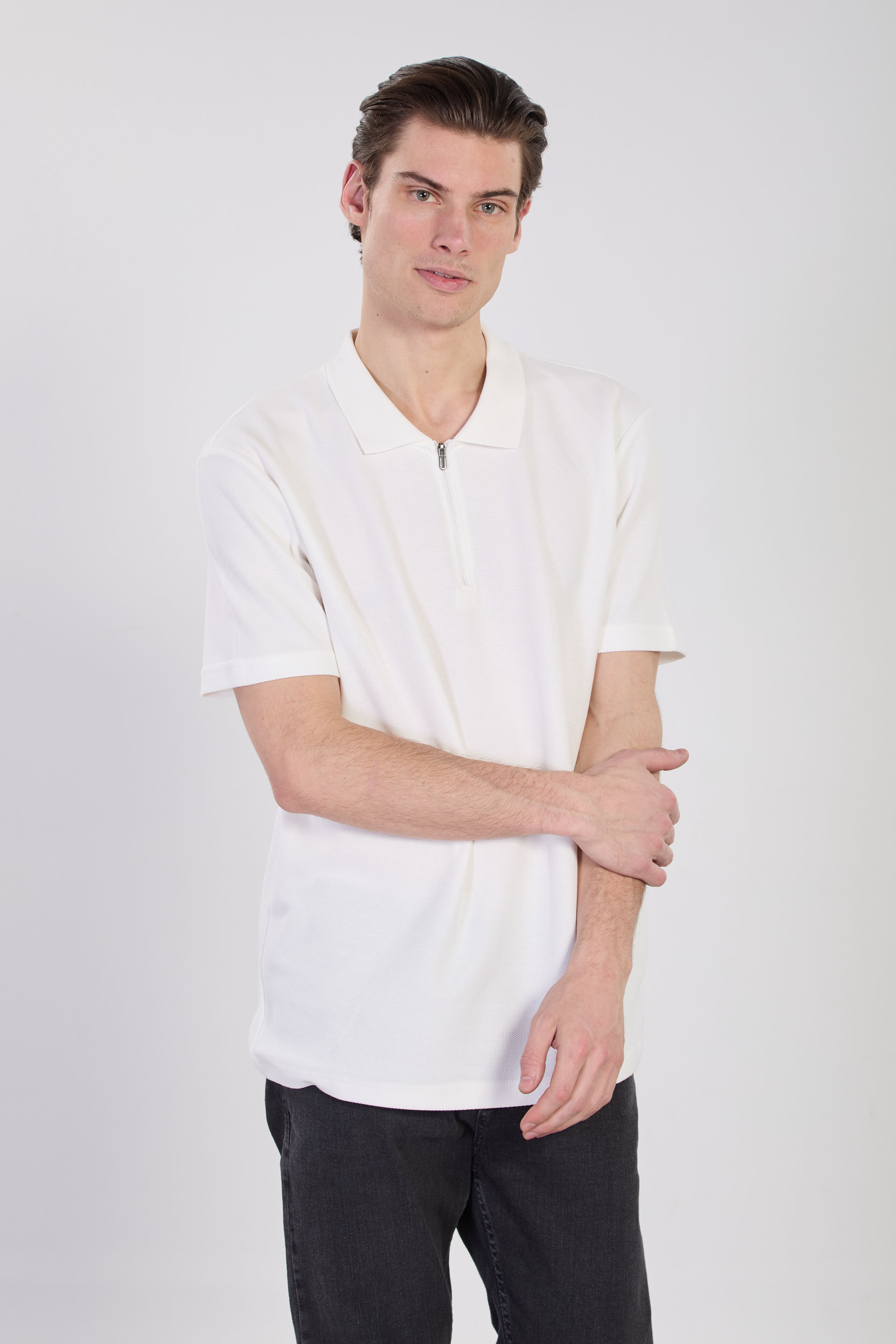 Erkek Fermuarlı Polo Yaka T-Shirt - Ekru