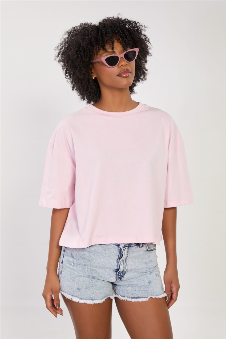 Kadın Bisiklet Yaka Kısa Oversize T-Shirt - Toz Pembe