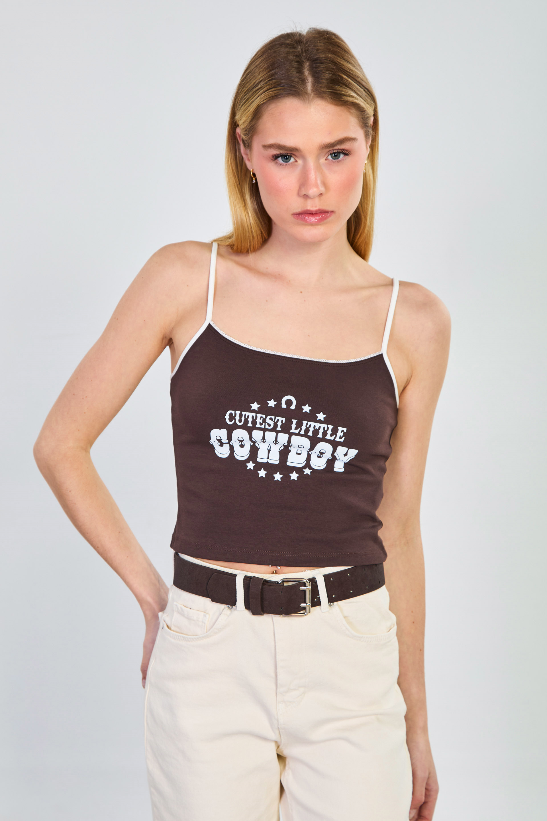 Kadın Cowboy Yazılı İp Askılı Crop Top - Kahve