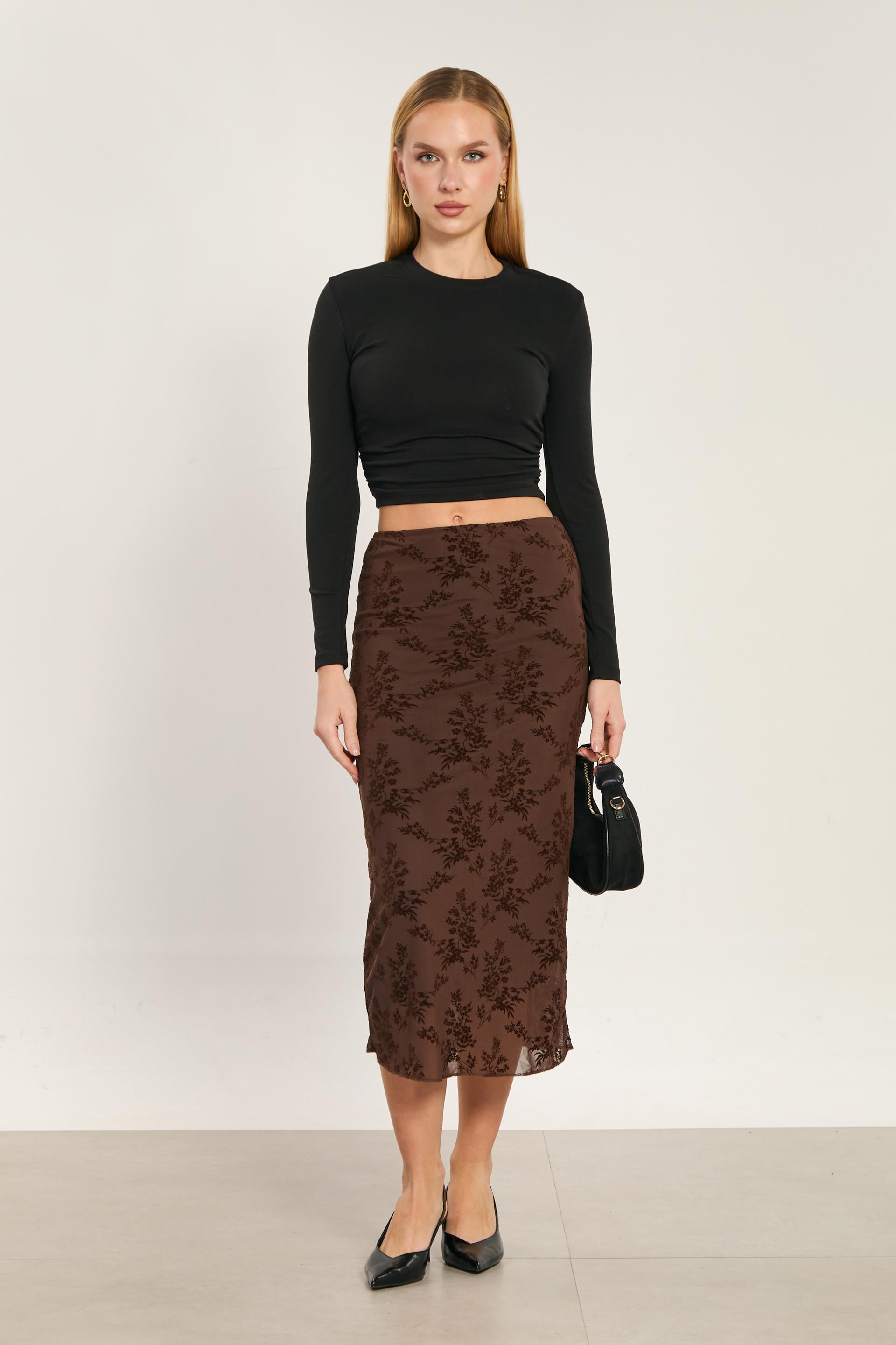 Kadın Kadife Çiçek Desenli Kalem Etek - Kahve