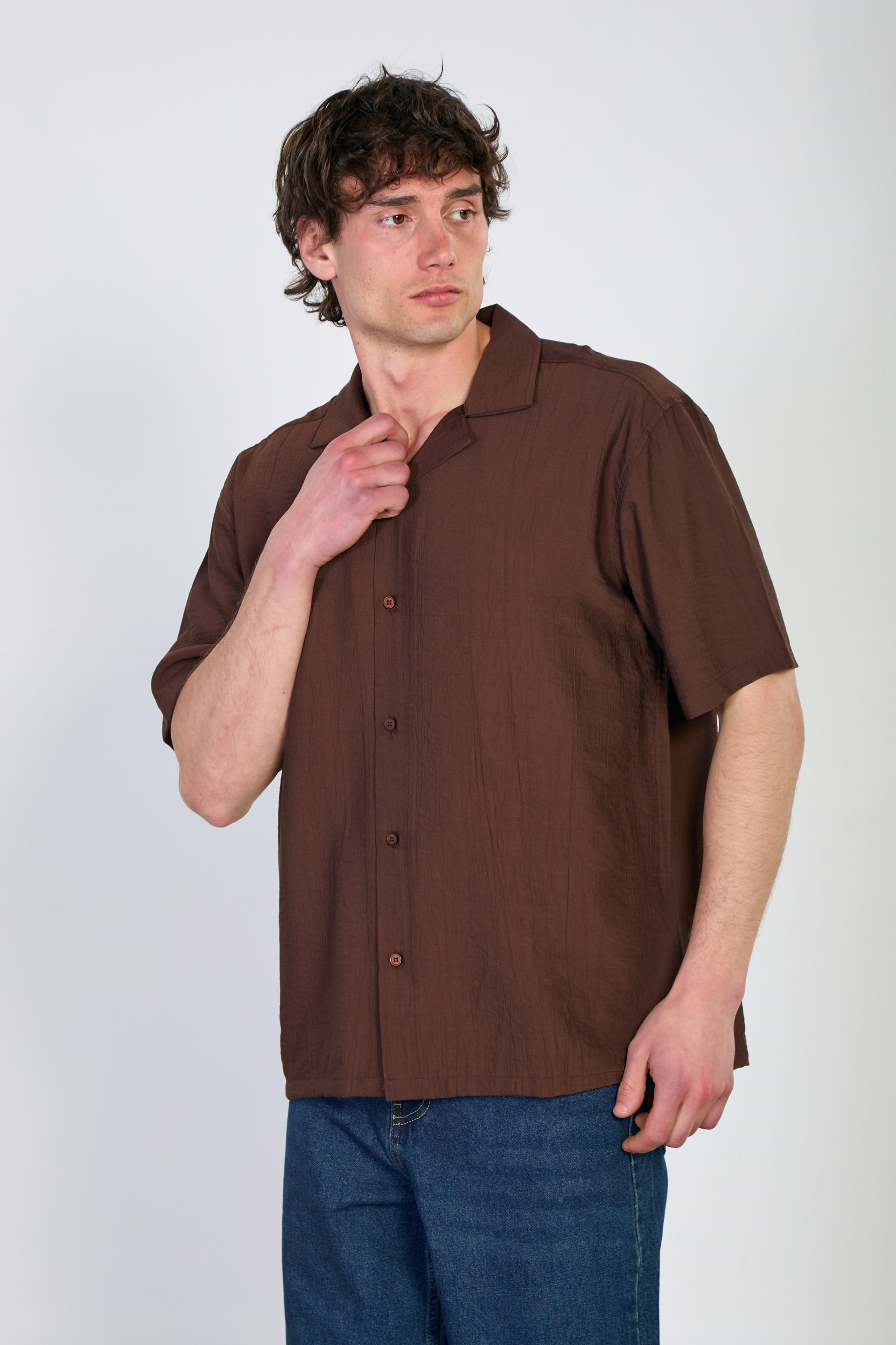 Erkek Apaş Yaka Kısa Kollu Çilek Gömlek - Kahve