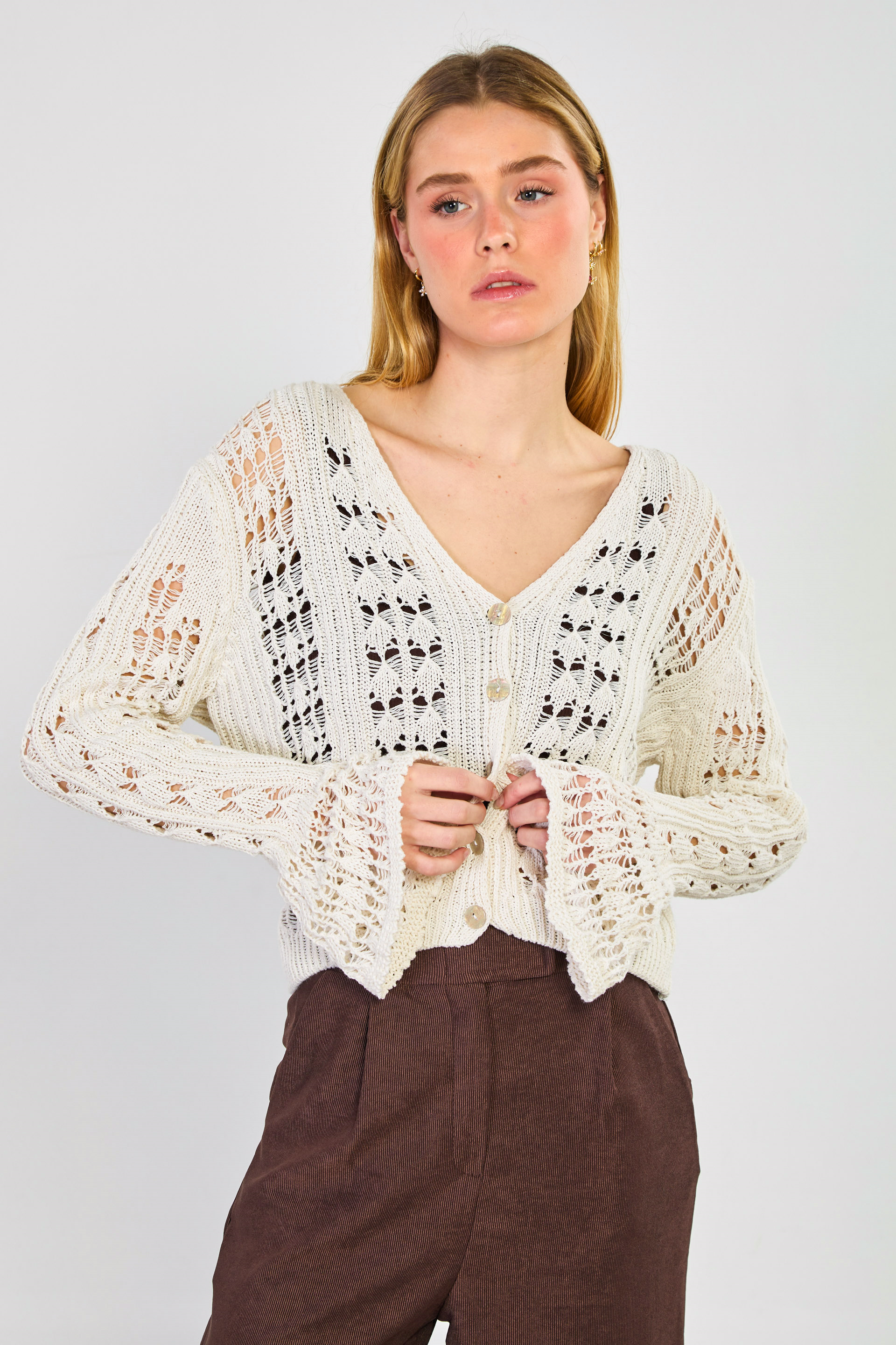 Kadın İspanyol Kol Ajurlu Hırka - Natural