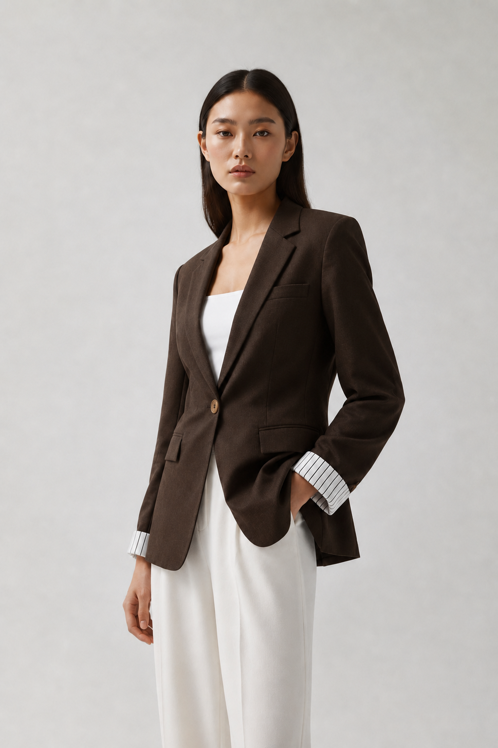 Kadın Kolları Çizgili Düğmeli Blazer Ceket - Acı Kahve