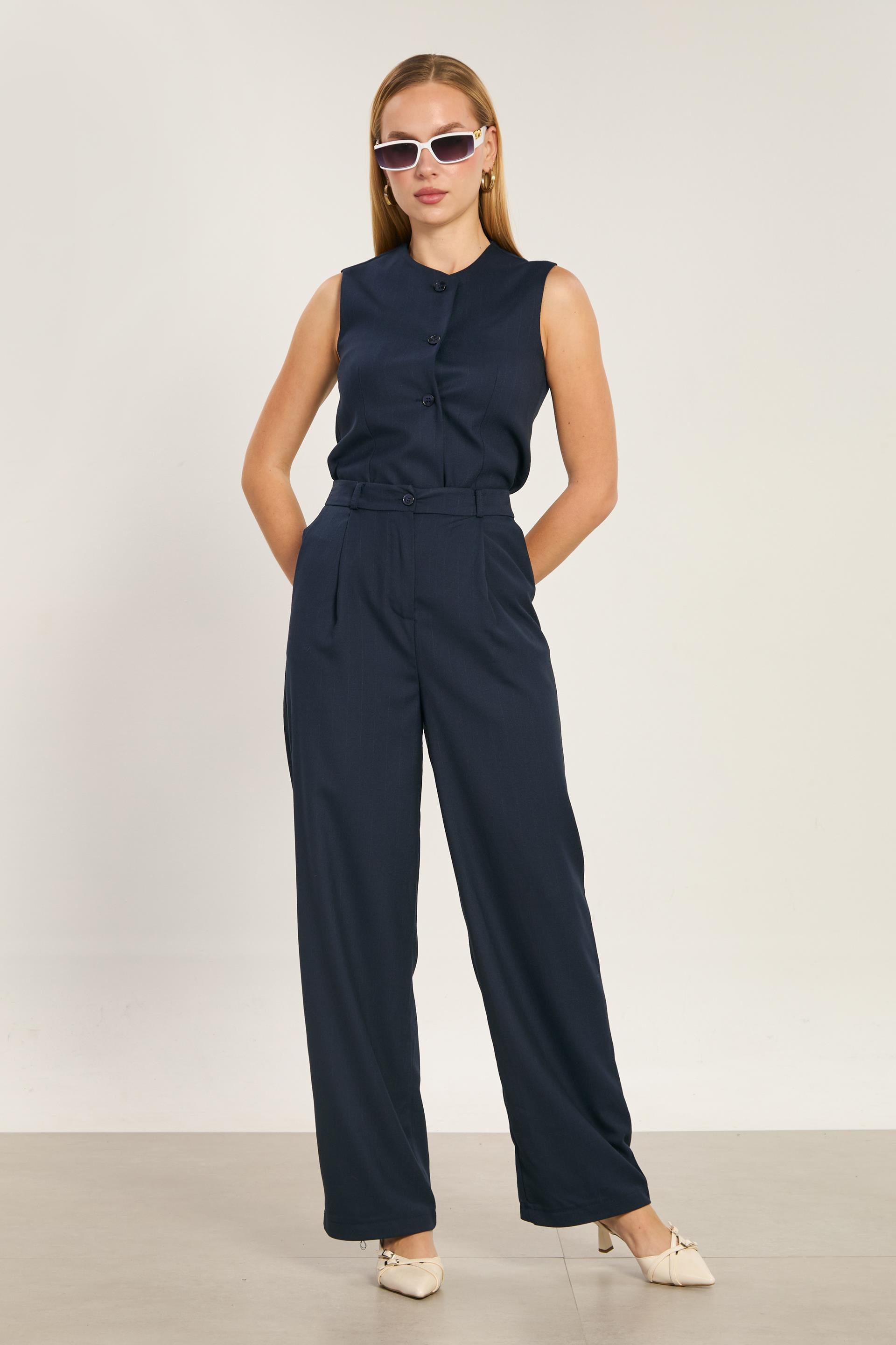 Kadın Çizgili Palazzo Pantolon - Lacivert