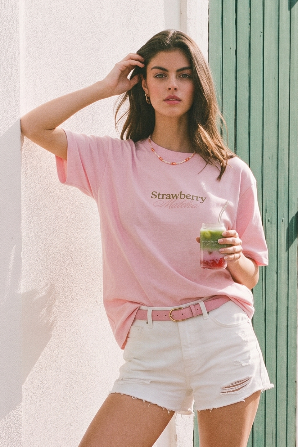 Kadın Ön Arka Baskılı Strawberry Matcha T-Shirt - Toz Pembe