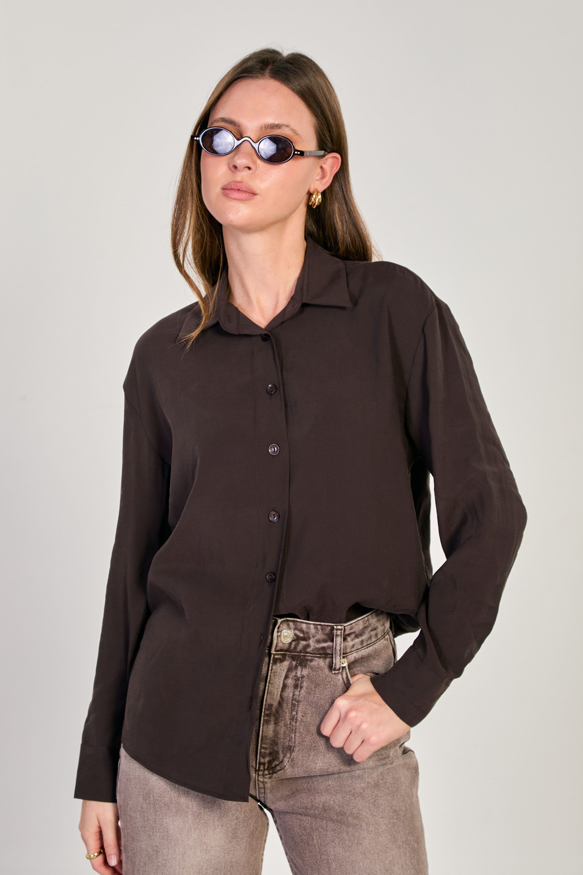 	Kadın Uzun Kollu Cupra Gömlek - Kahve