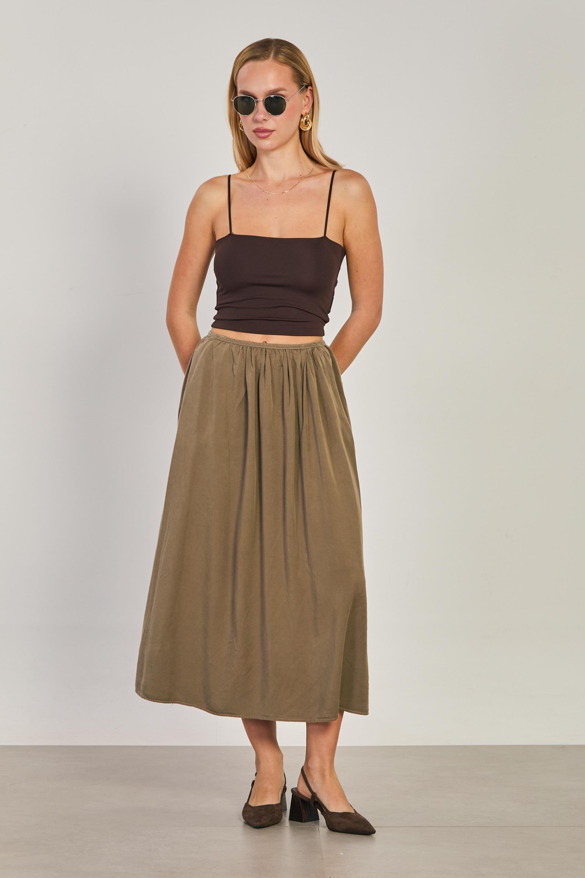 Kadın Pileli Midi Etek - Haki